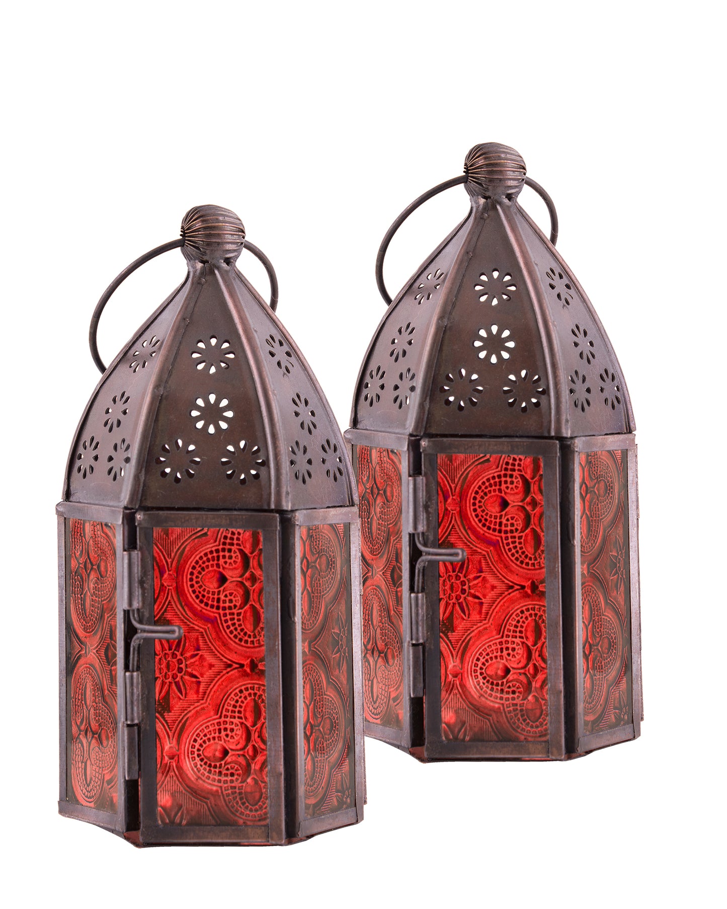 Metal Decorative Antique Copper Finish Moroccan Lantern Candle Holder, Set of 2, Tealight Hanging Home Office Decor