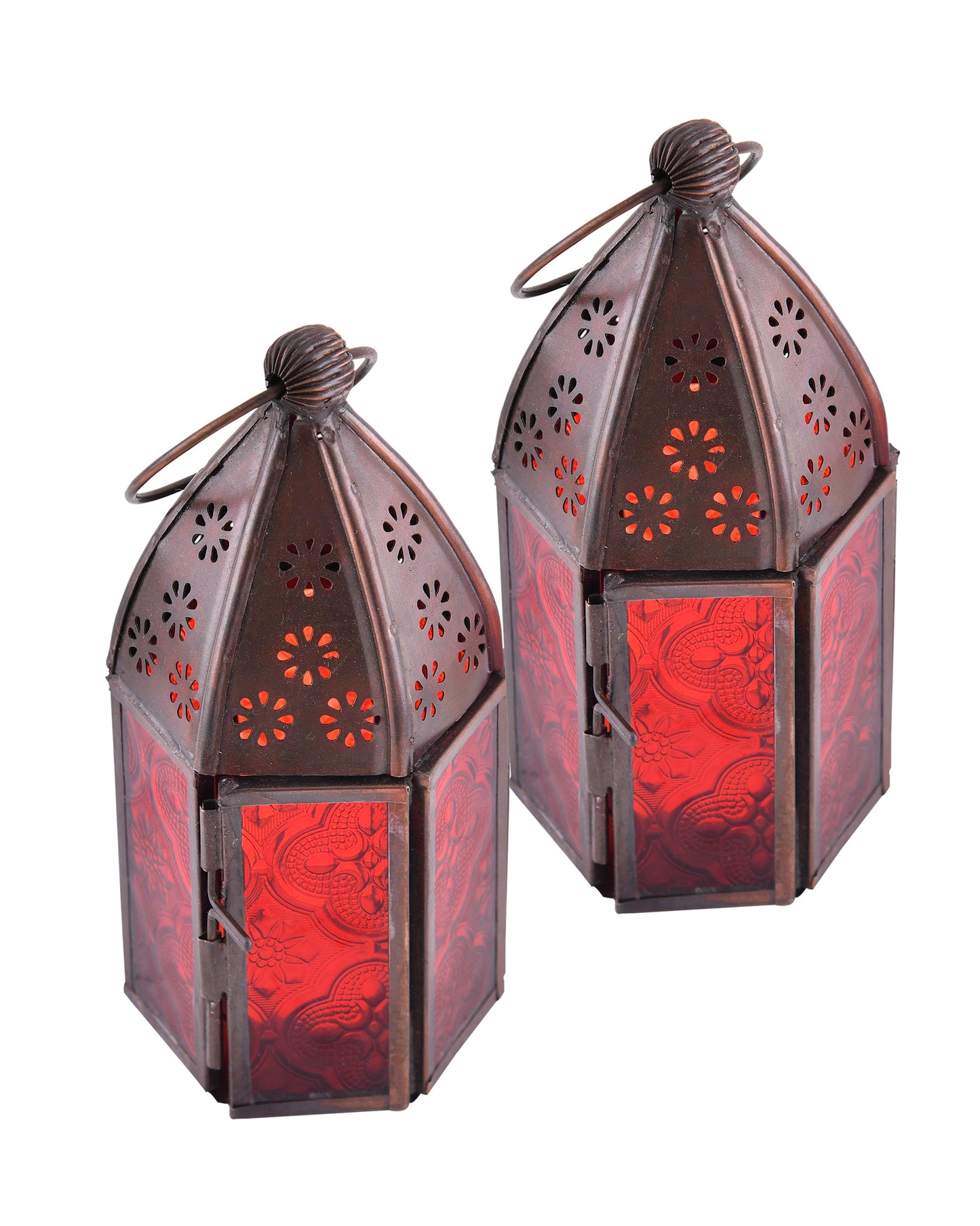 Metal Decorative Antique Copper Finish Moroccan Lantern Candle Holder, Set of 2, Tealight Hanging Home Office Decor