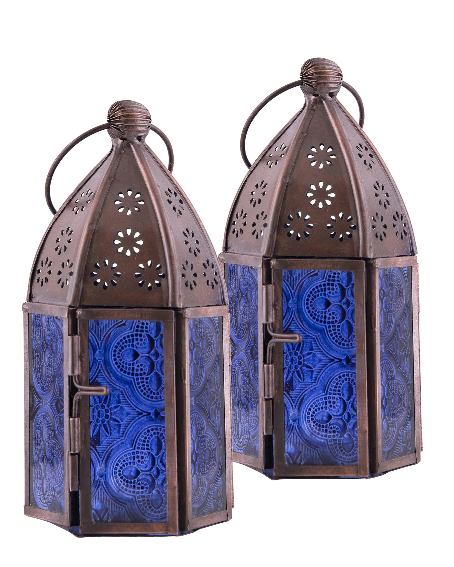 Metal Decorative Antique Copper Finish Moroccan Lantern Candle Holder, Set of 2, Tealight Hanging Home Office Decor