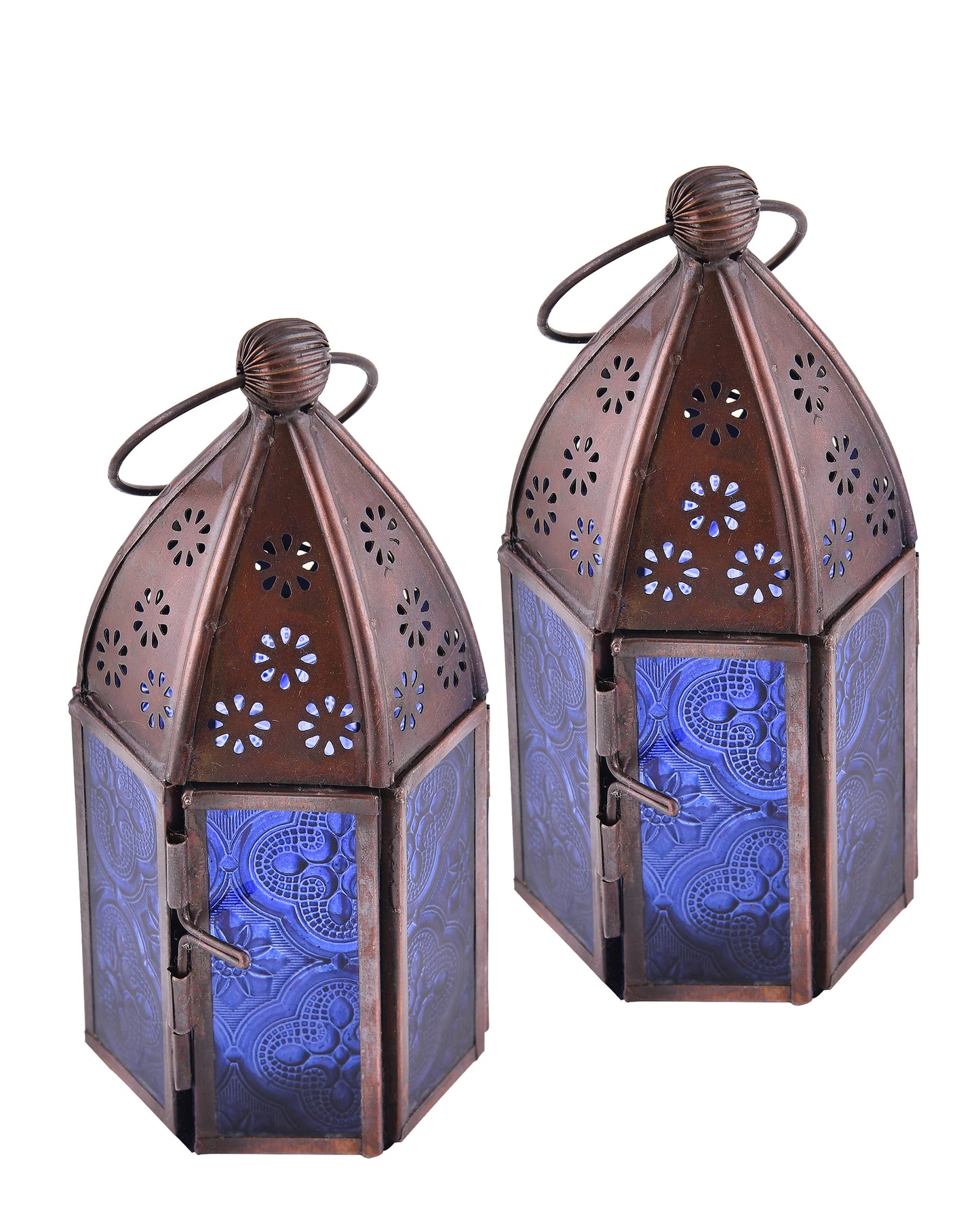 Metal Decorative Antique Copper Finish Moroccan Lantern Candle Holder, Set of 2, Tealight Hanging Home Office Decor