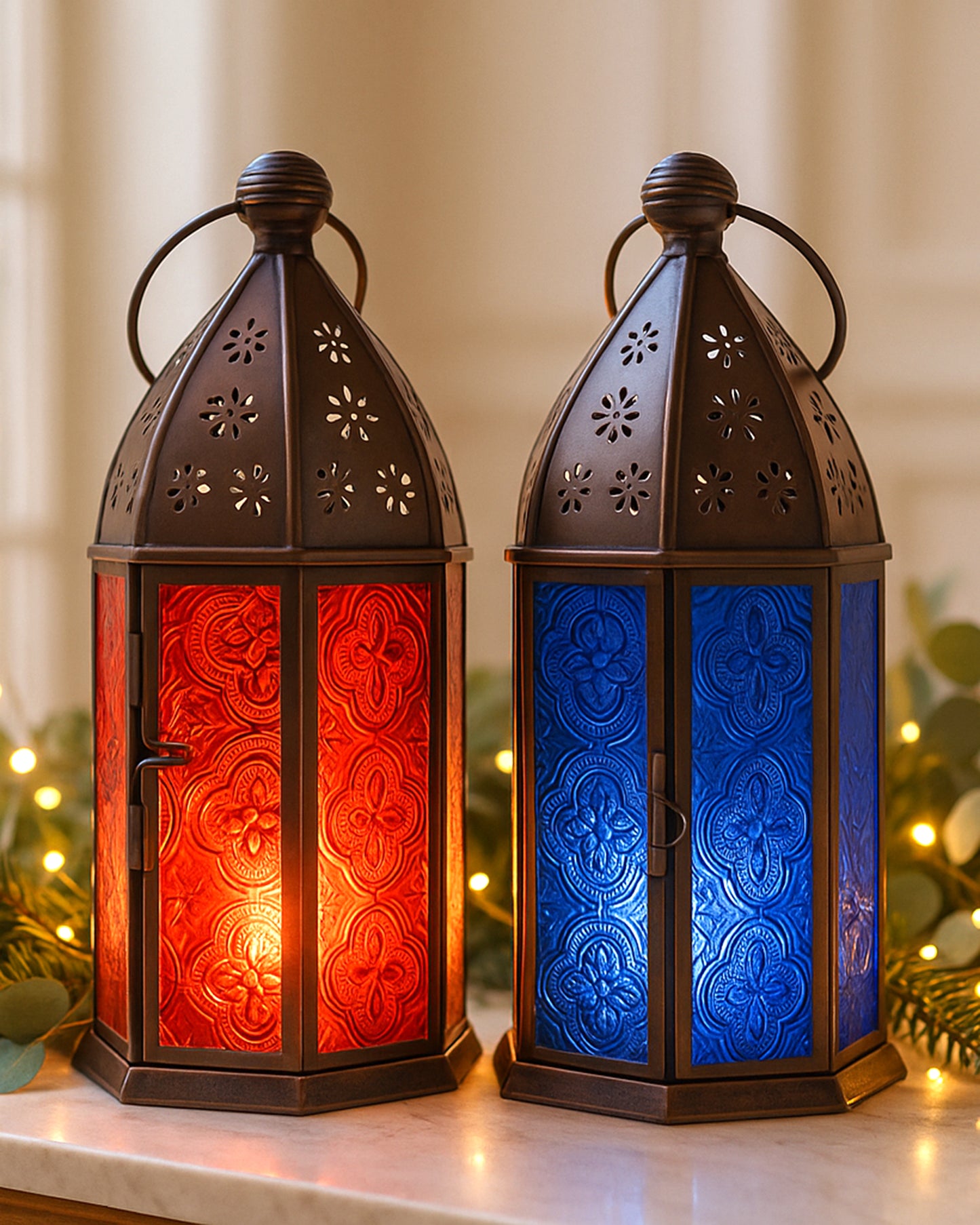 Metal Decorative Antique Copper Finish Moroccan Lantern Candle Holder, Set of 2, Tealight Hanging Home Office Decor