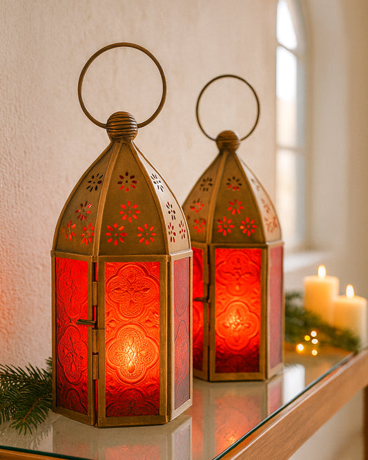 Metal Decorative Antique Brass Finish Moroccan Lantern Candle Holder, Set of 2, Tealight Hanging Home Office Decor