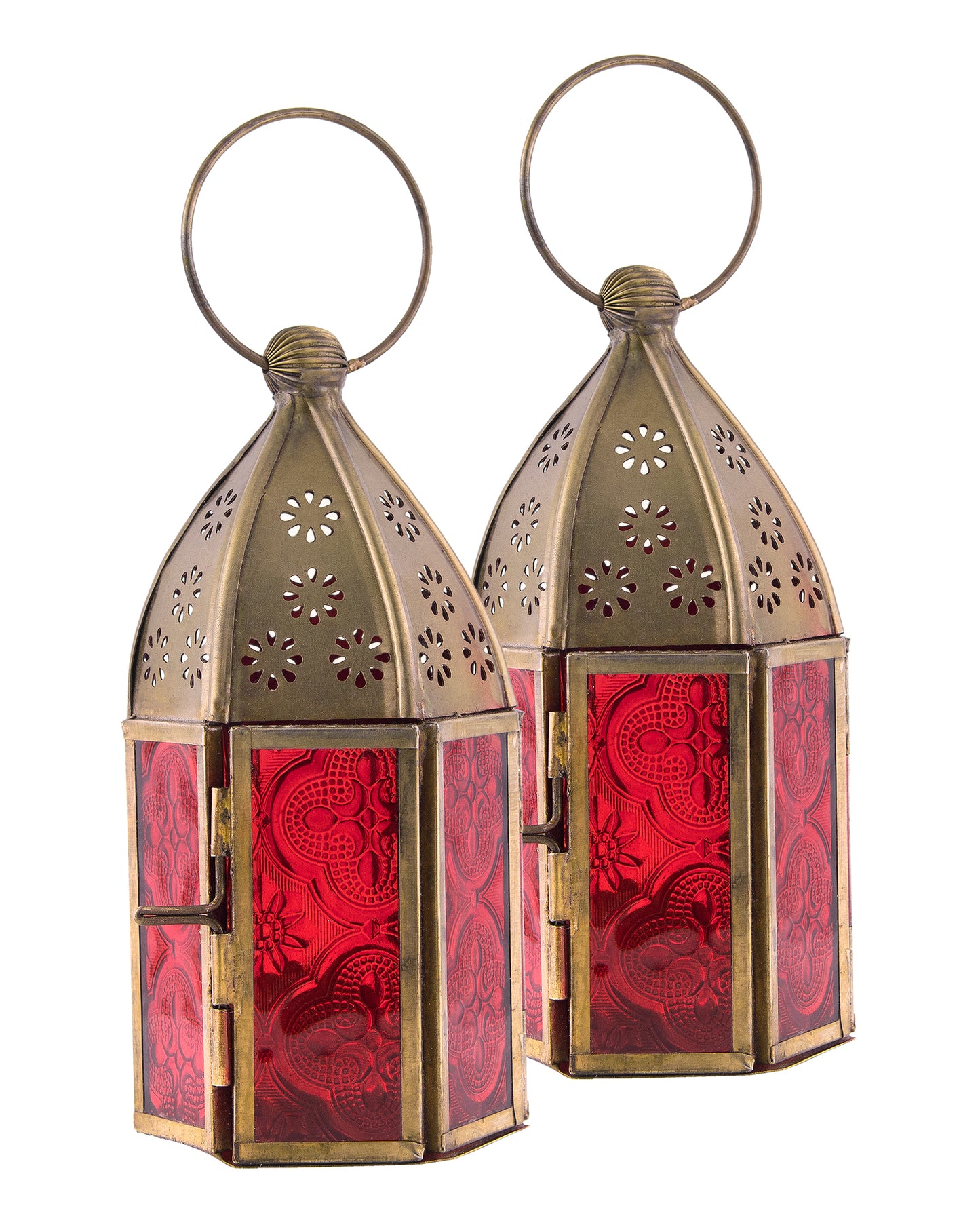 Metal Decorative Antique Brass Finish Moroccan Lantern Candle Holder, Set of 2, Tealight Hanging Home Office Decor