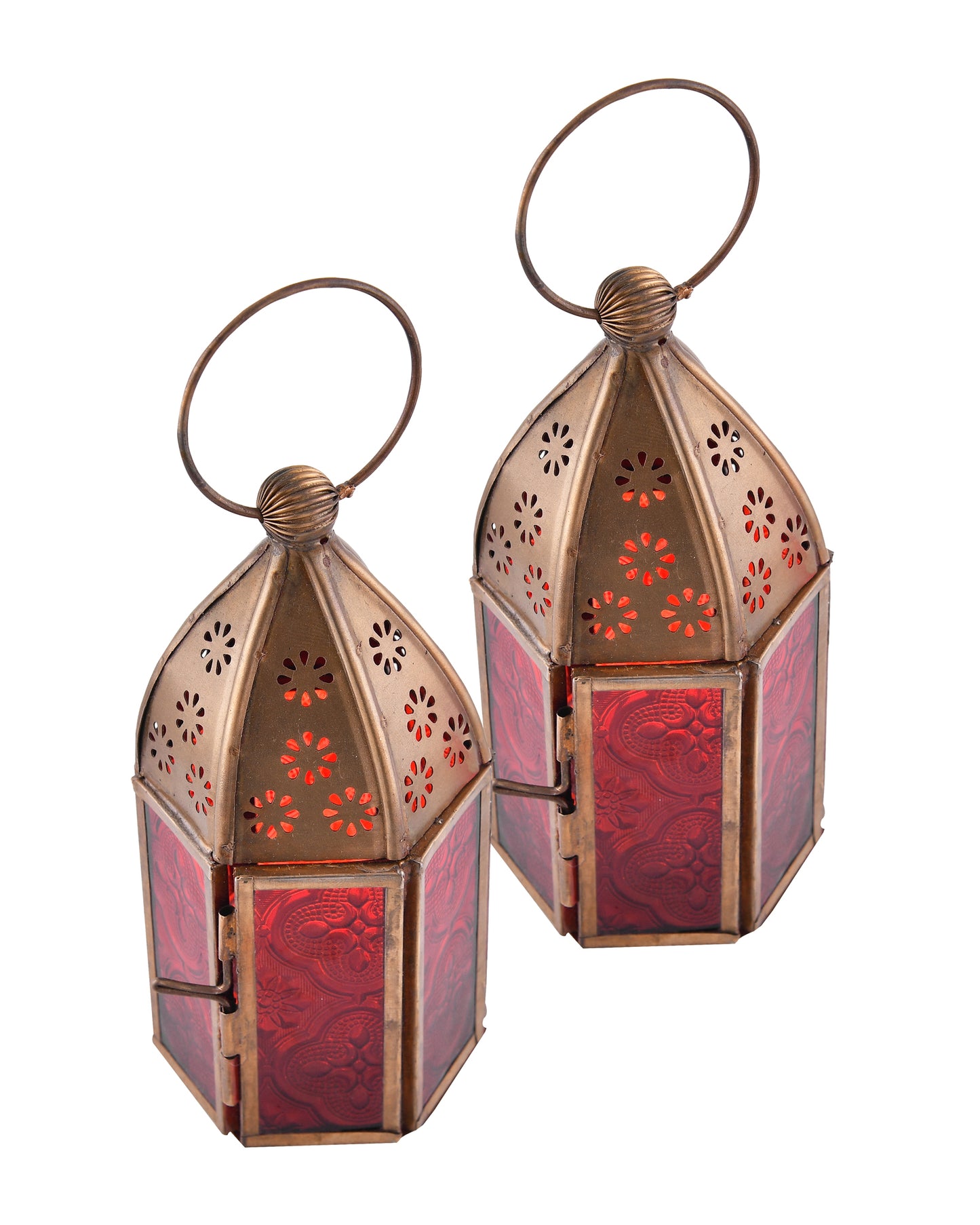 Metal Decorative Antique Brass Finish Moroccan Lantern Candle Holder, Set of 2, Tealight Hanging Home Office Decor