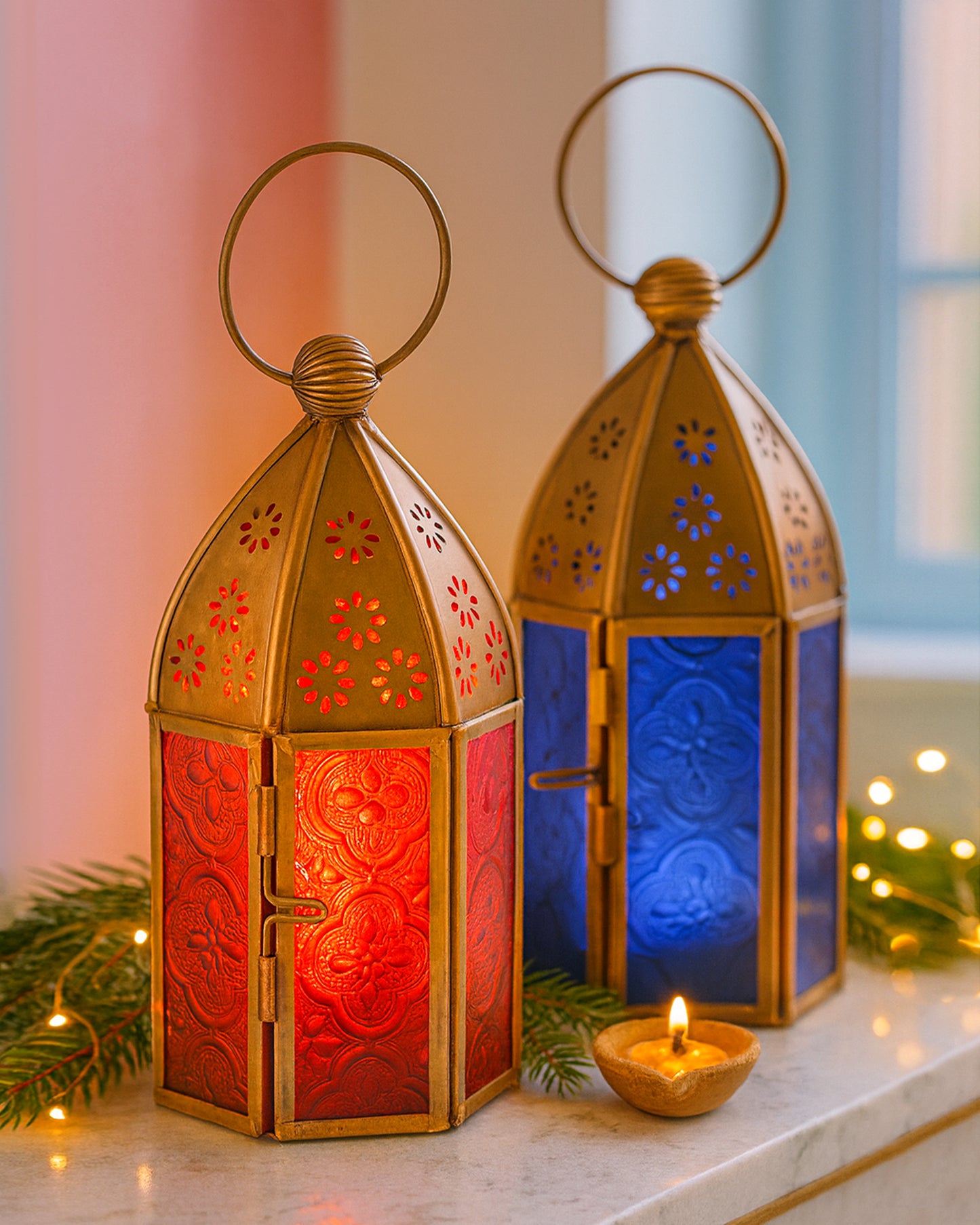 Metal Decorative Antique Brass Finish Moroccan Lantern Candle Holder, Set of 2, Tealight Hanging Home Office Decor