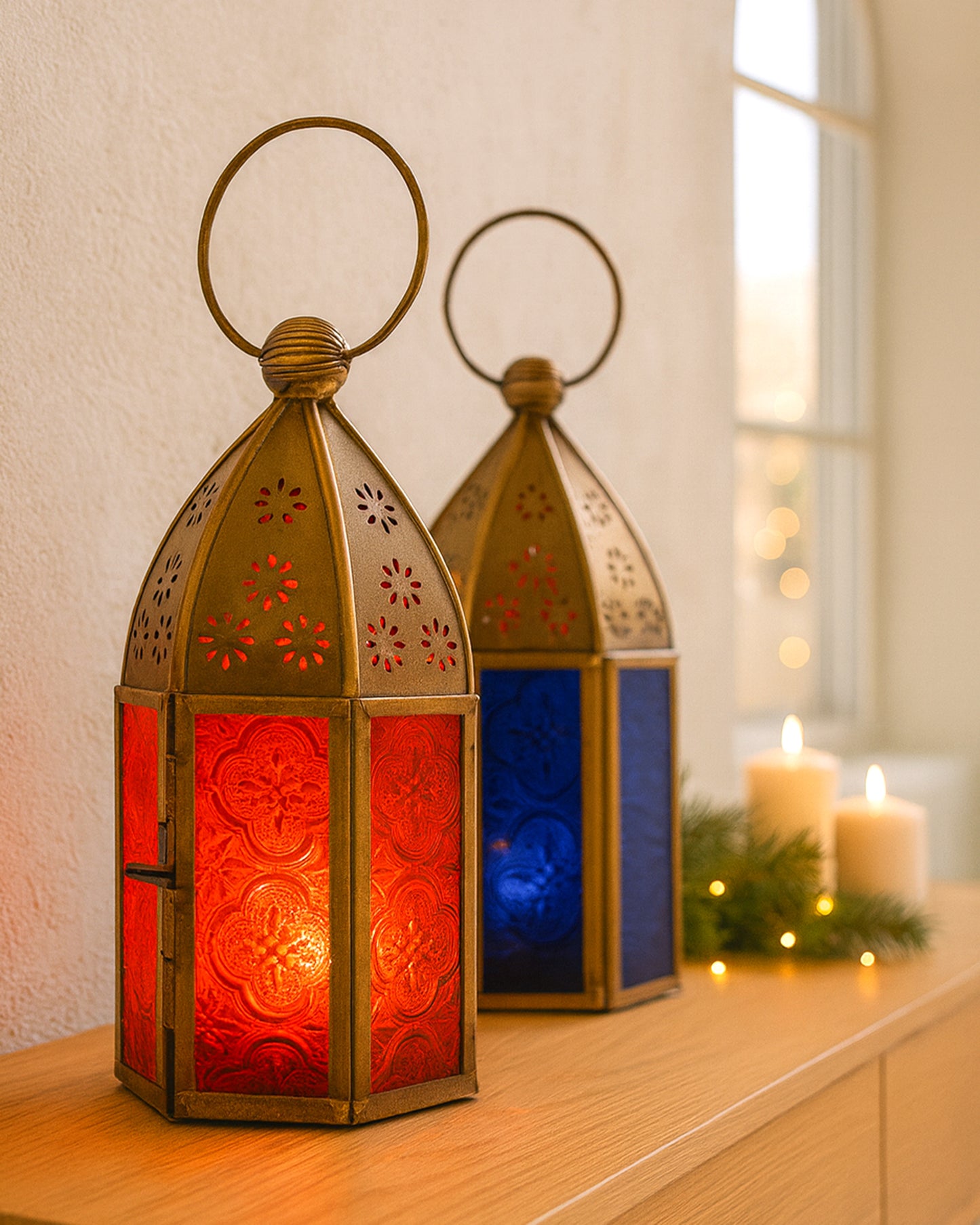 Metal Decorative Antique Brass Finish Moroccan Lantern Candle Holder, Set of 2, Tealight Hanging Home Office Decor