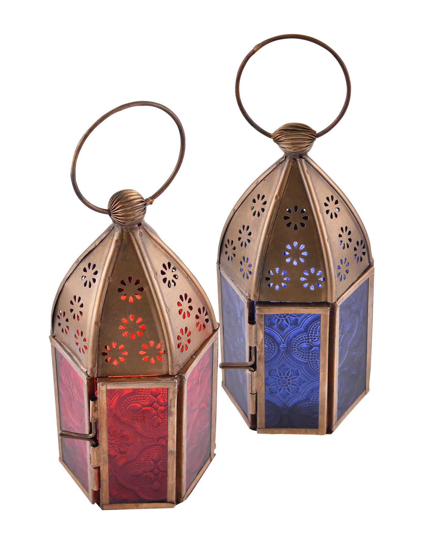 Metal Decorative Antique Brass Finish Moroccan Lantern Candle Holder, Set of 2, Tealight Hanging Home Office Decor