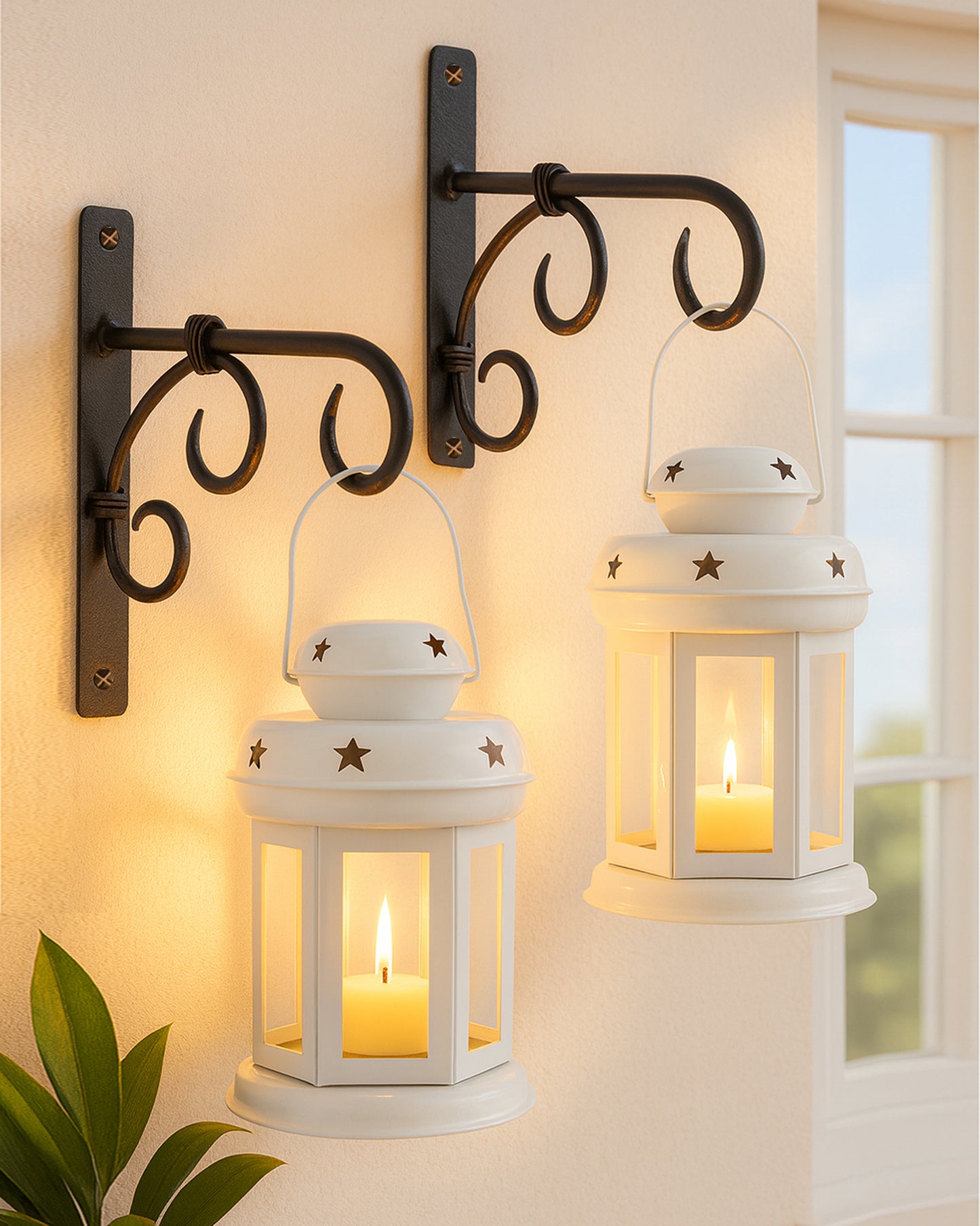 Wall Star Light Decorative Metal Lantern Indoor/Outdoor Hanging Lantern, Set of 2 Designer Candle Tealight Holder with Wall Hook