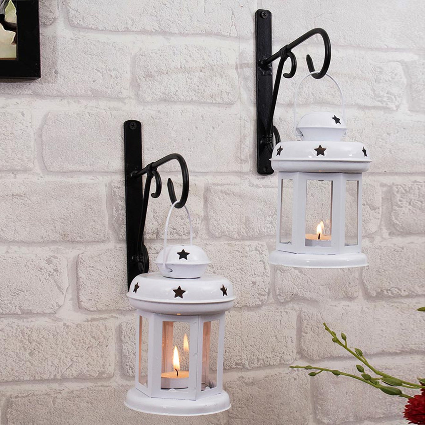 Wall Star Light Decorative Metal Lantern Indoor/Outdoor Hanging Lantern, Set of 2 Designer Candle Tealight Holder with Wall Hook