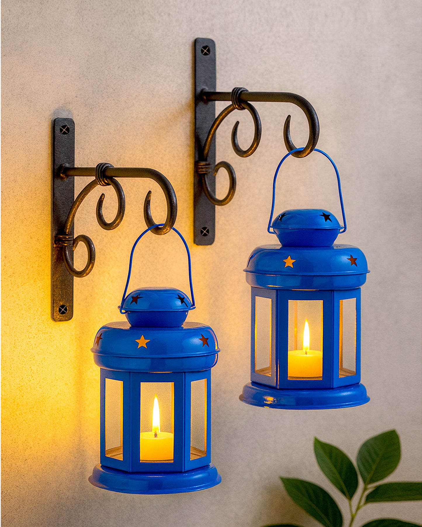 Wall Star Light Decorative Metal Lantern Indoor/Outdoor Hanging Lantern, Set of 2 Designer Candle Tealight Holder with Wall Hook