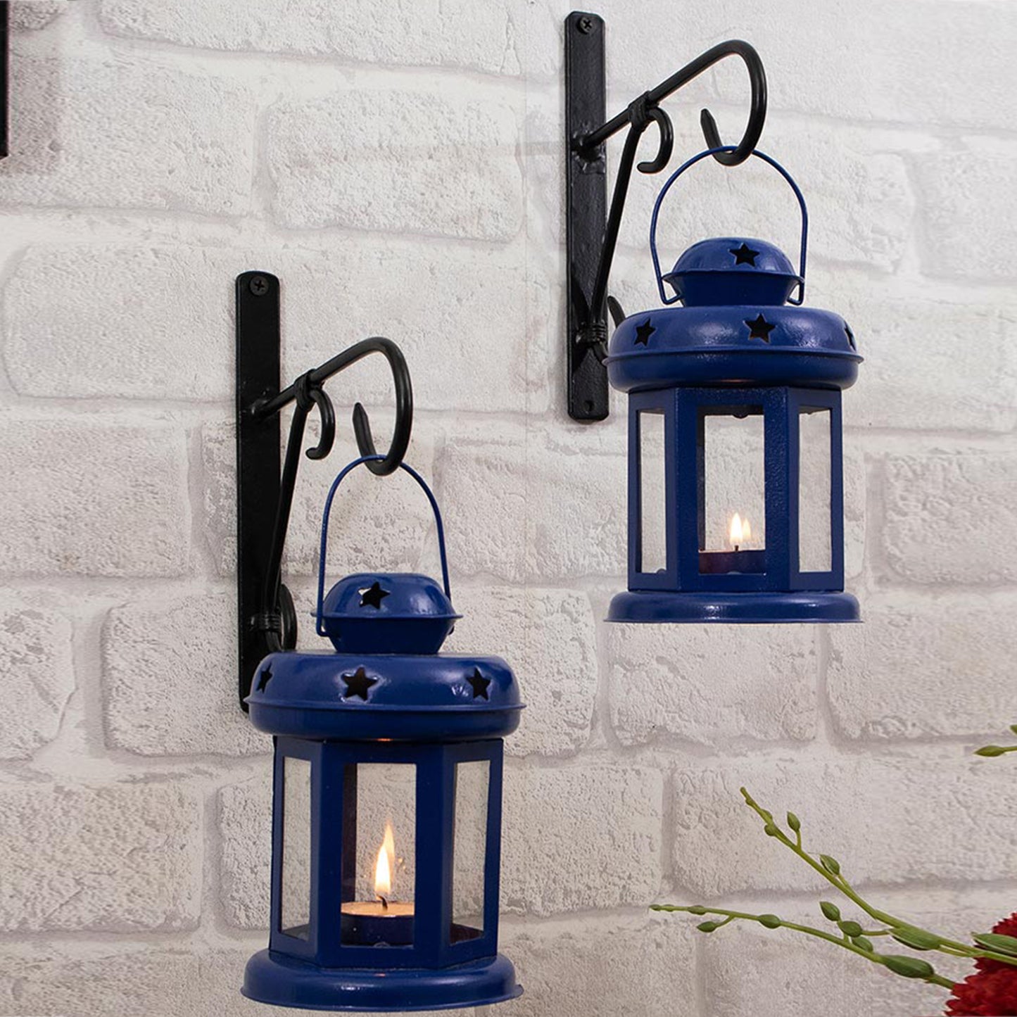 Wall Star Light Decorative Metal Lantern Indoor/Outdoor Hanging Lantern, Set of 2 Designer Candle Tealight Holder with Wall Hook