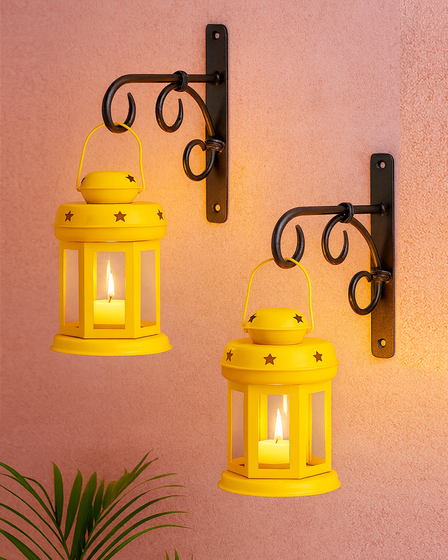 Wall Star Light Decorative Metal Lantern Indoor/Outdoor Hanging Lantern, Set of 2 Designer Candle Tealight Holder with Wall Hook