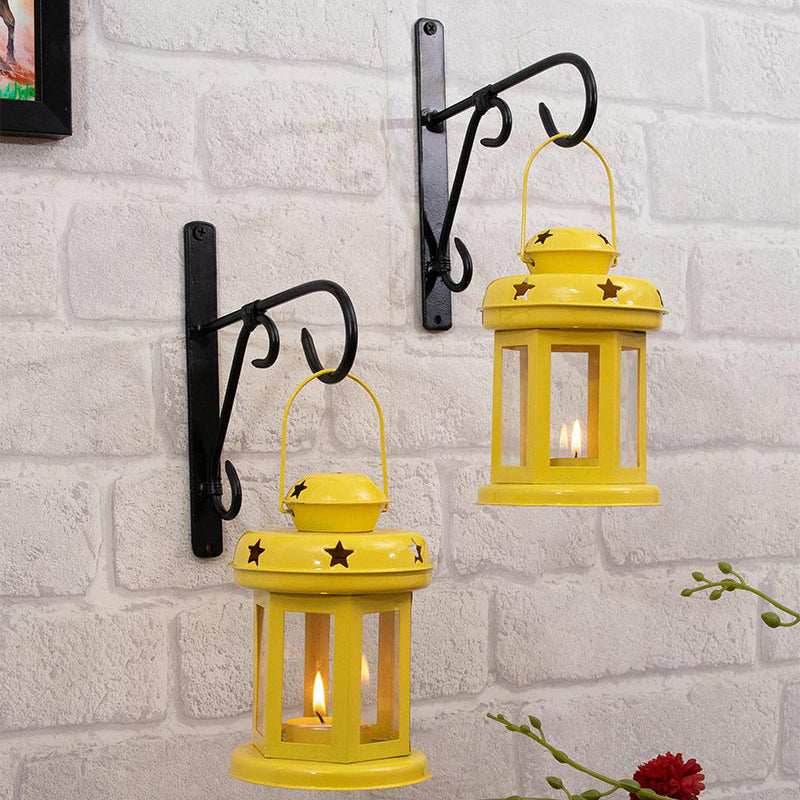 Wall Star Light Decorative Metal Lantern Indoor/Outdoor Hanging Lantern, Set of 2 Designer Candle Tealight Holder with Wall Hook