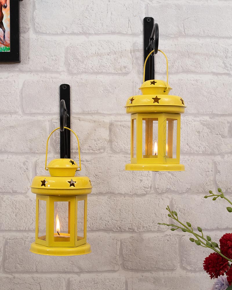 Wall Star Light Decorative Metal Lantern Indoor/Outdoor Hanging Lantern, Set of 2 Designer Candle Tealight Holder with Wall Hook