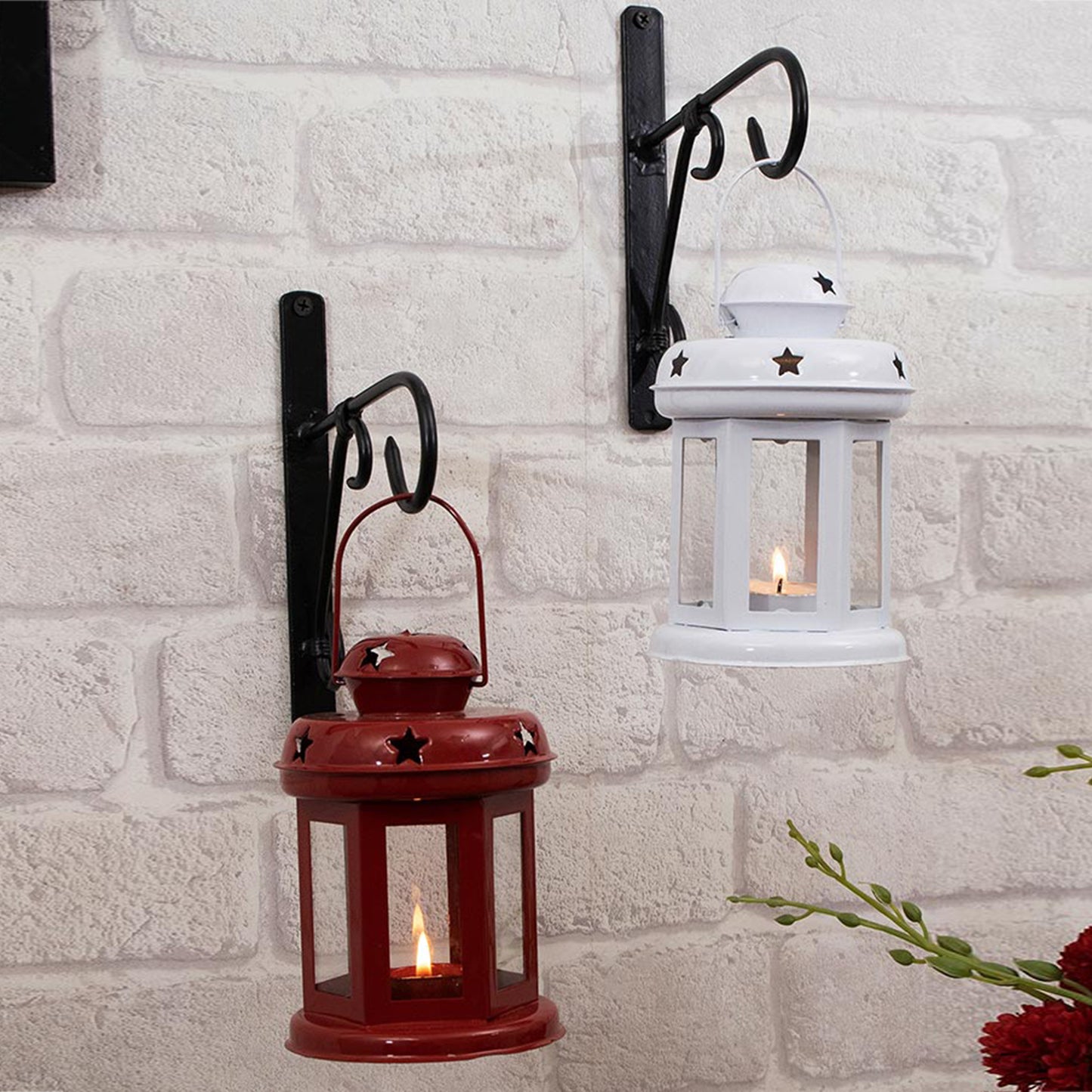 Wall Star Light Decorative Metal Lantern Indoor/Outdoor Hanging Lantern, Set of 2 Designer Candle Tealight Holder with Wall Hook