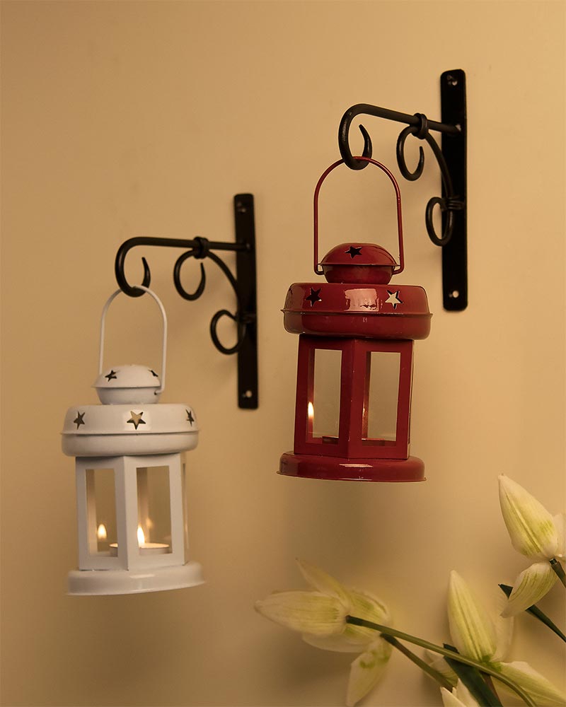 Wall Star Light Decorative Metal Lantern Indoor/Outdoor Hanging Lantern, Set of 2 Designer Candle Tealight Holder with Wall Hook