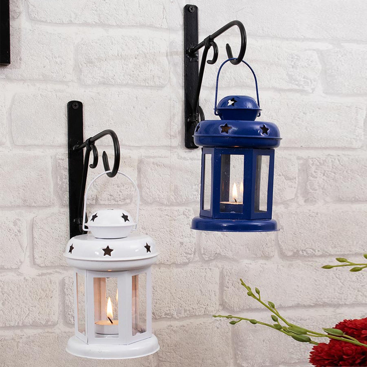 Wall Star Light Decorative Metal Lantern Indoor/Outdoor Hanging Lantern, Set of 2 Designer Candle Tealight Holder with Wall Hook