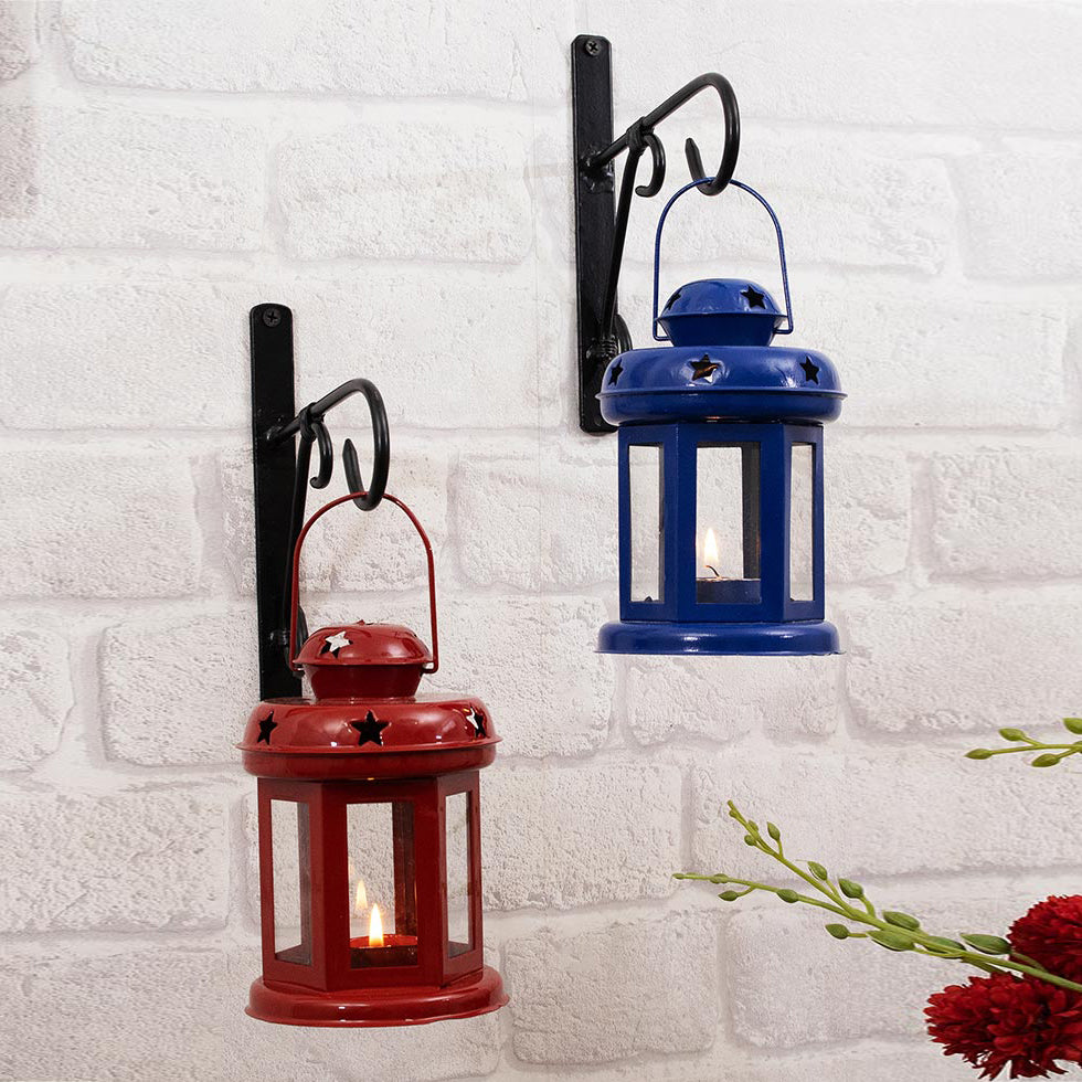 Wall Star Light Decorative Metal Lantern Indoor/Outdoor Hanging Lantern, Set of 2 Designer Candle Tealight Holder with Wall Hook