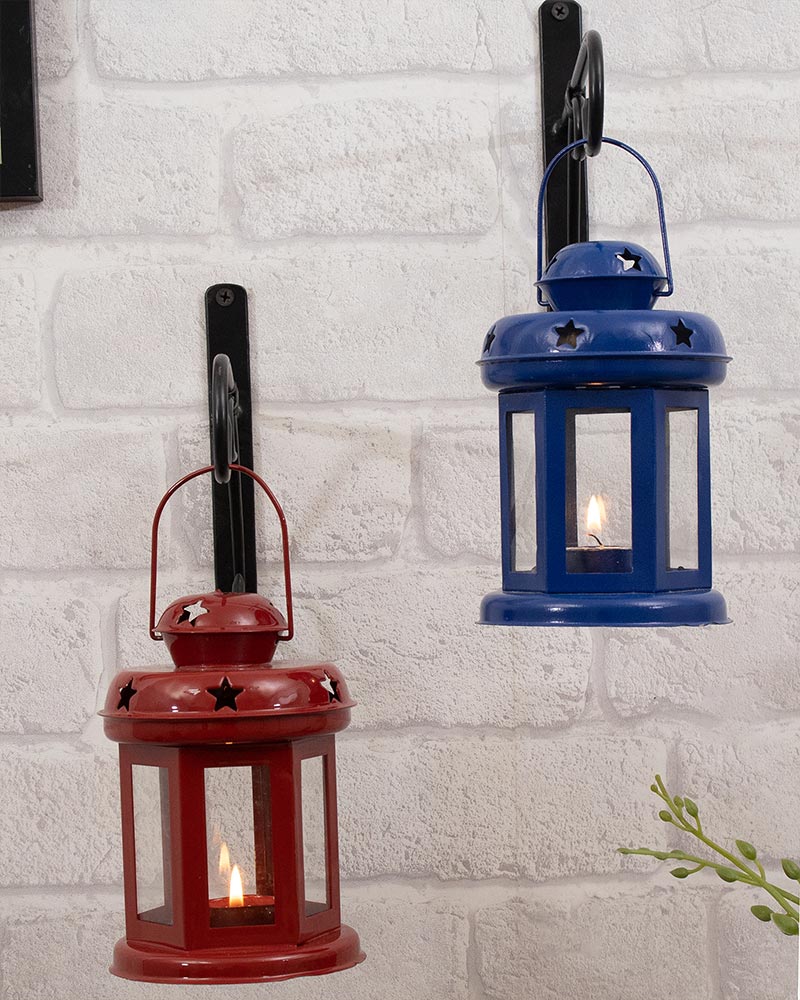 Wall Star Light Decorative Metal Lantern Indoor/Outdoor Hanging Lantern, Set of 2 Designer Candle Tealight Holder with Wall Hook