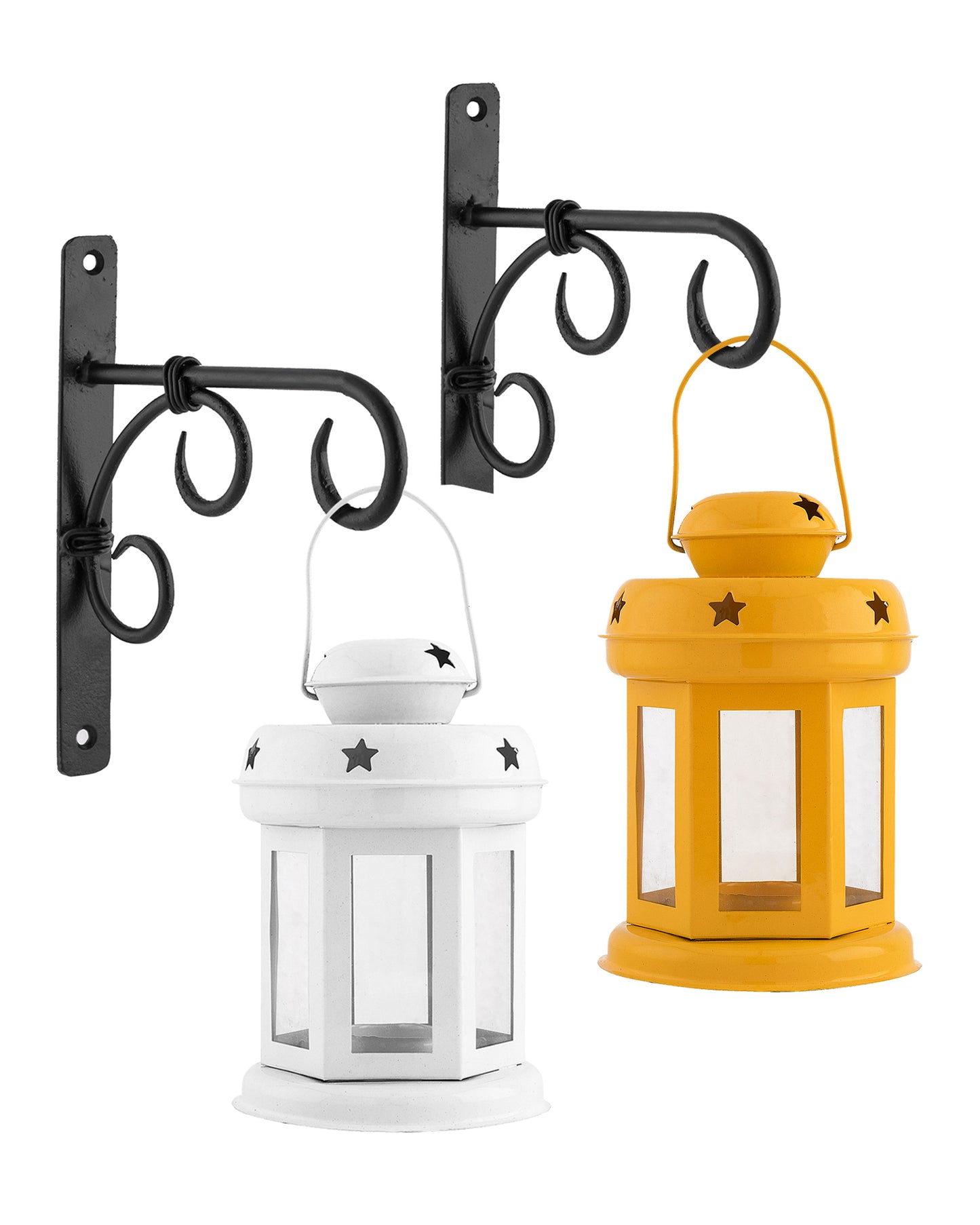 Wall Star Light Decorative Metal Lantern Indoor/Outdoor Hanging Lantern, Set of 2 Designer Candle Tealight Holder with Wall Hook