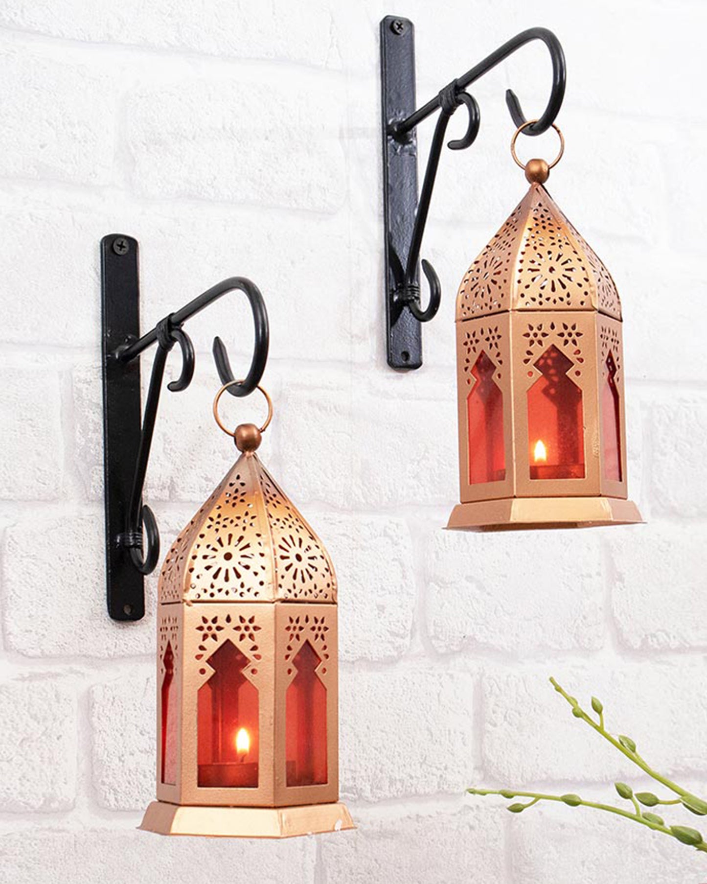 Wall Metal Decorative Antique Copper Finish Moroccan Lantern Candle Holder, Set of 2, Tealight Hanging Home Office Decor with Wall Hook