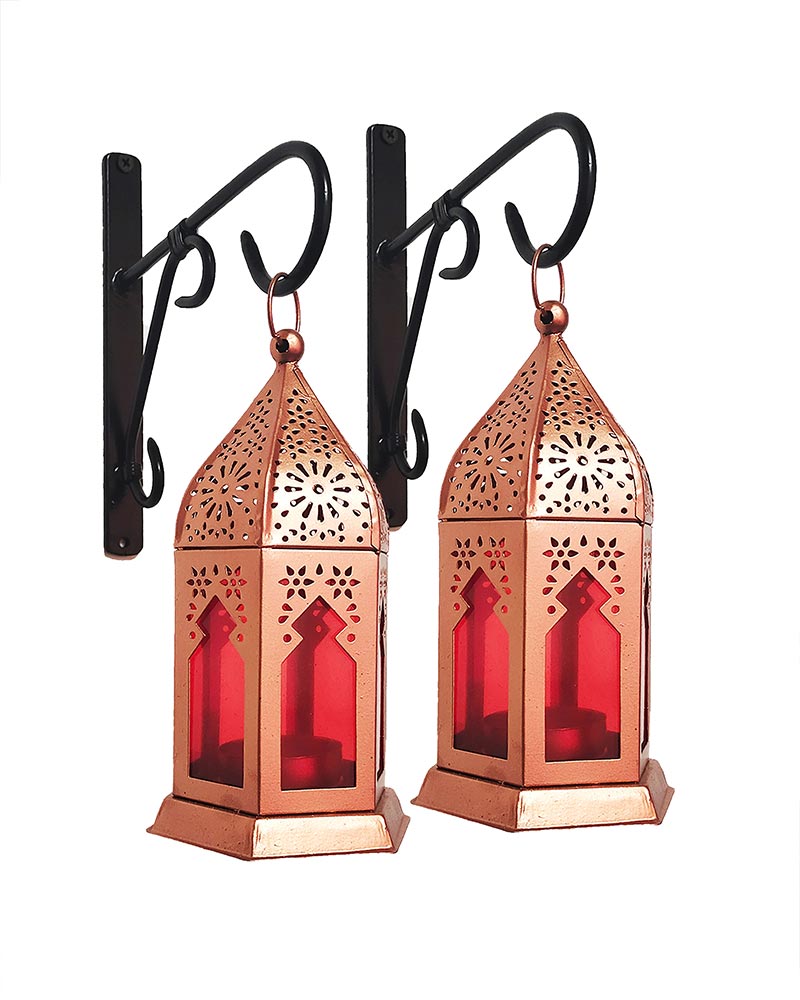 Wall Metal Decorative Antique Copper Finish Moroccan Lantern Candle Holder, Set of 2, Tealight Hanging Home Office Decor with Wall Hook