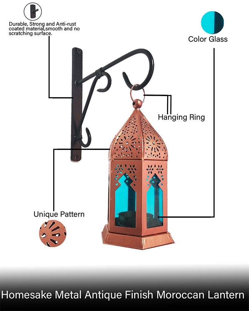 Wall Metal Decorative Antique Copper Finish Moroccan Lantern Candle Holder, Set of 2, Tealight Hanging Home Office Decor with Wall Hook