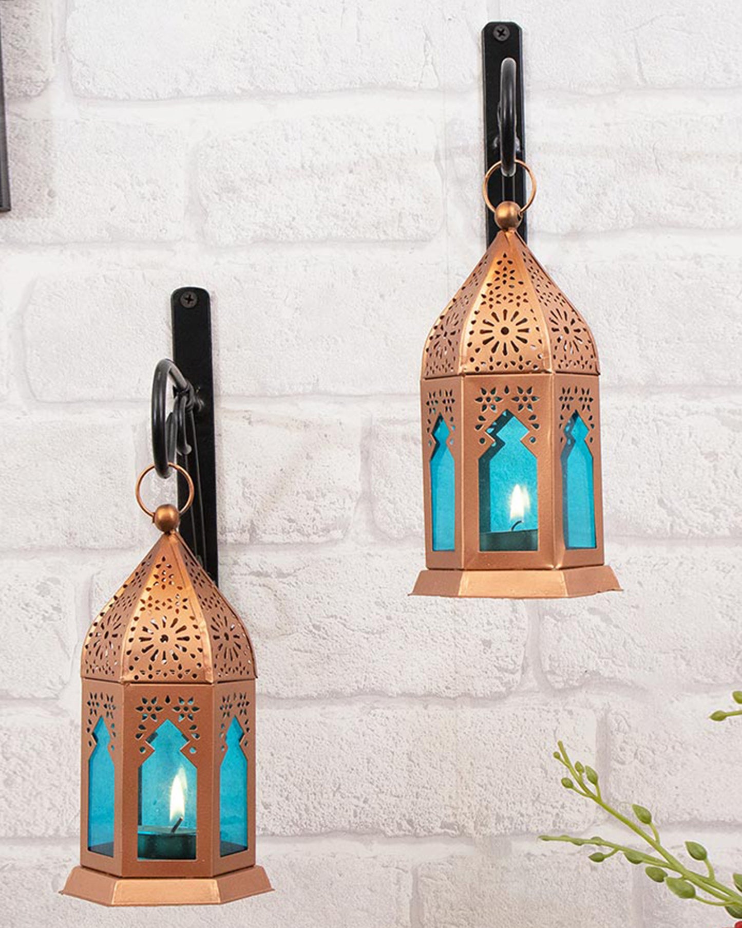 Wall Metal Decorative Antique Copper Finish Moroccan Lantern Candle Holder, Set of 2, Tealight Hanging Home Office Decor with Wall Hook