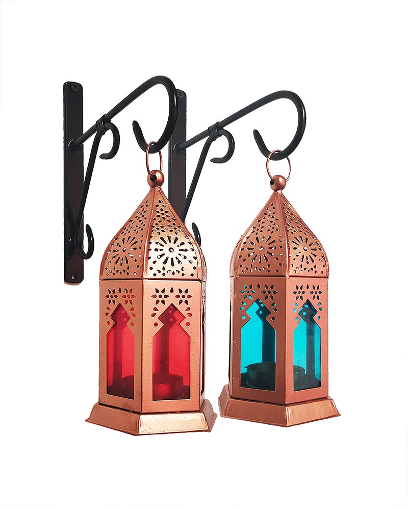 Wall Metal Decorative Antique Copper Finish Moroccan Lantern Candle Holder, Set of 2, Tealight Hanging Home Office Decor with Wall Hook