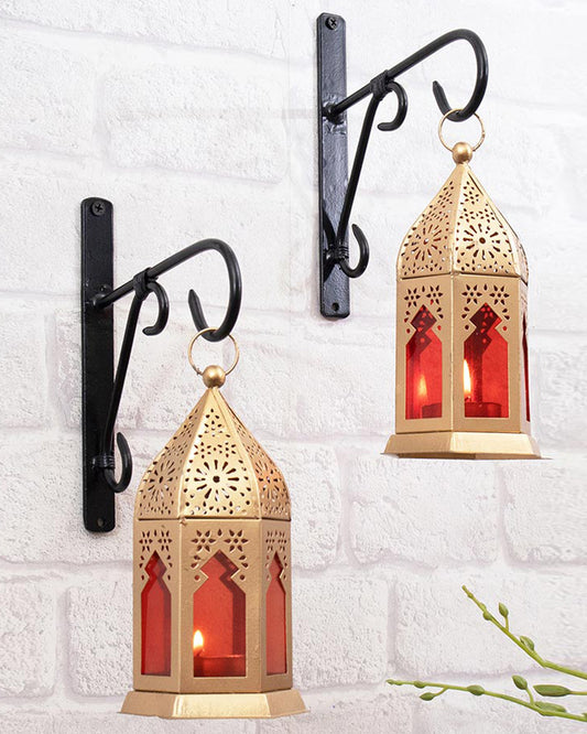 Wall Metal Decorative Antique Brass Finish Moroccan Lantern Candle Holder, Set of 2, Tealight Hanging Home Office Decor with Wall Hook
