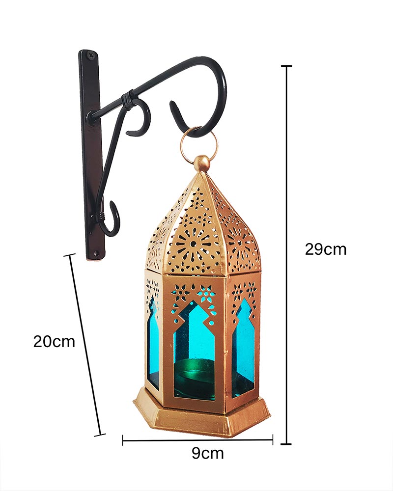 Wall Metal Decorative Antique Brass Finish Moroccan Lantern Candle Holder, Set of 2, Tealight Hanging Home Office Decor with Wall Hook