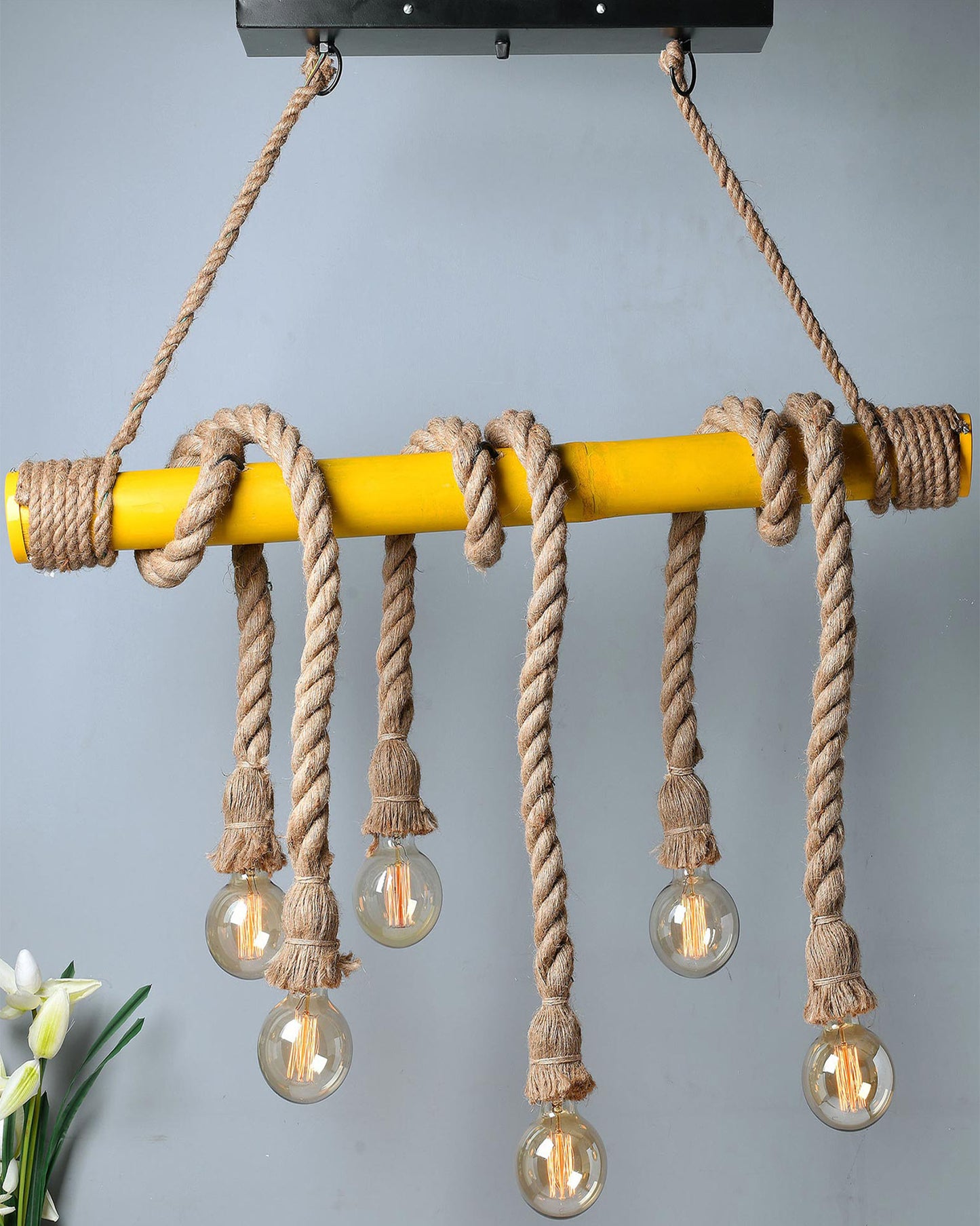 Hemp Rope Chandelier Industrial Vintage Pendant Light Bamboo Ceiling Hanging Lamp with 6 E27 Socket for Bar Cafe Restaurant Dining Table Home Decoration