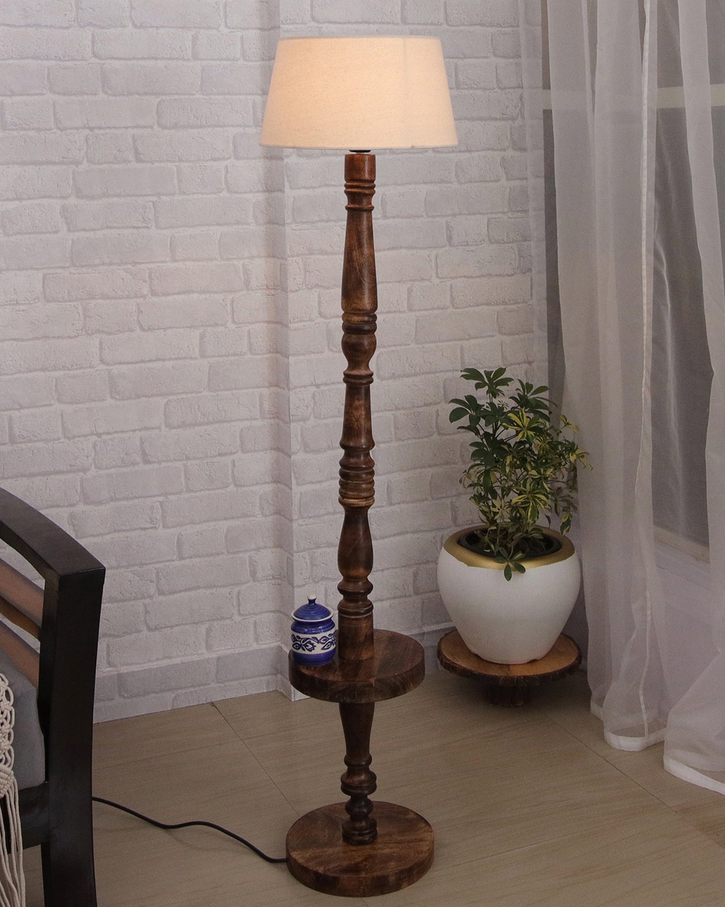Classic Round Mabel Black Finish Wooden Floor Lamp with Khadi Shade