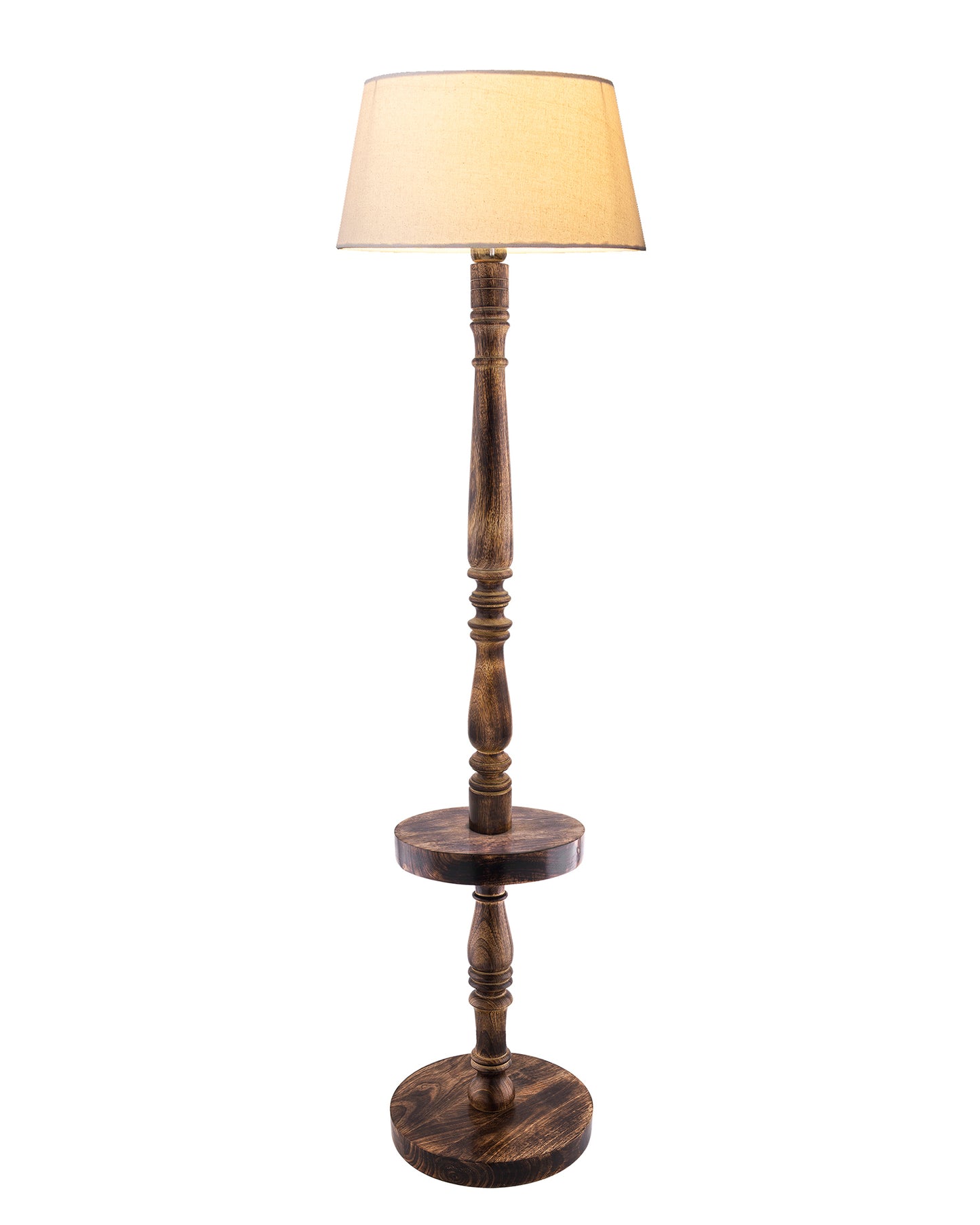 Classic Round Mabel Black Finish Wooden Floor Lamp with Khadi Shade