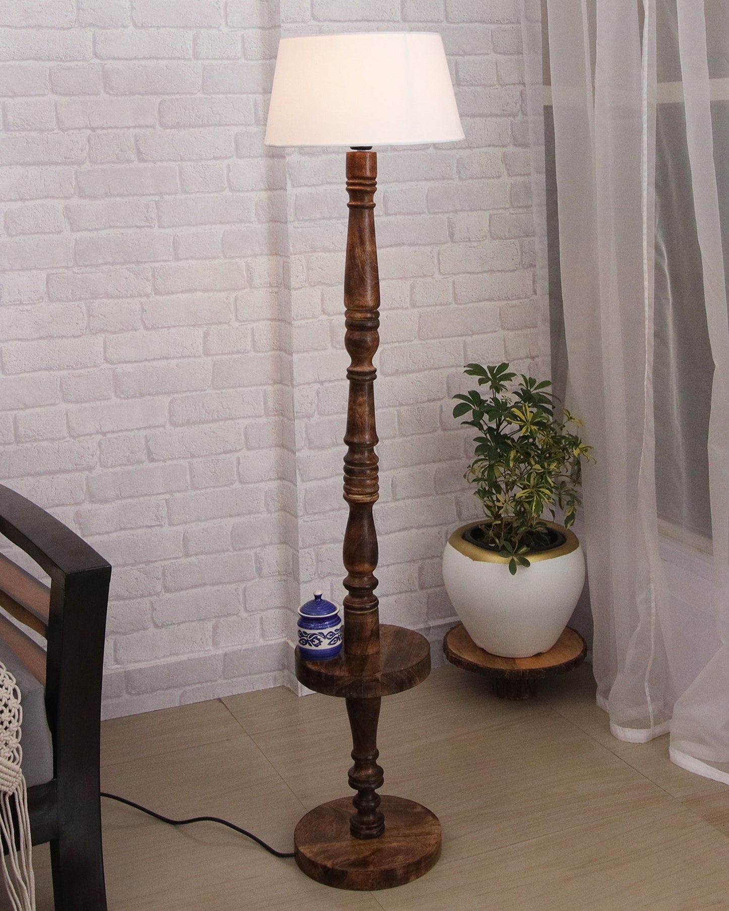 Classic Round Mabel Black Finish Wooden Floor Lamp with Khadi Shade