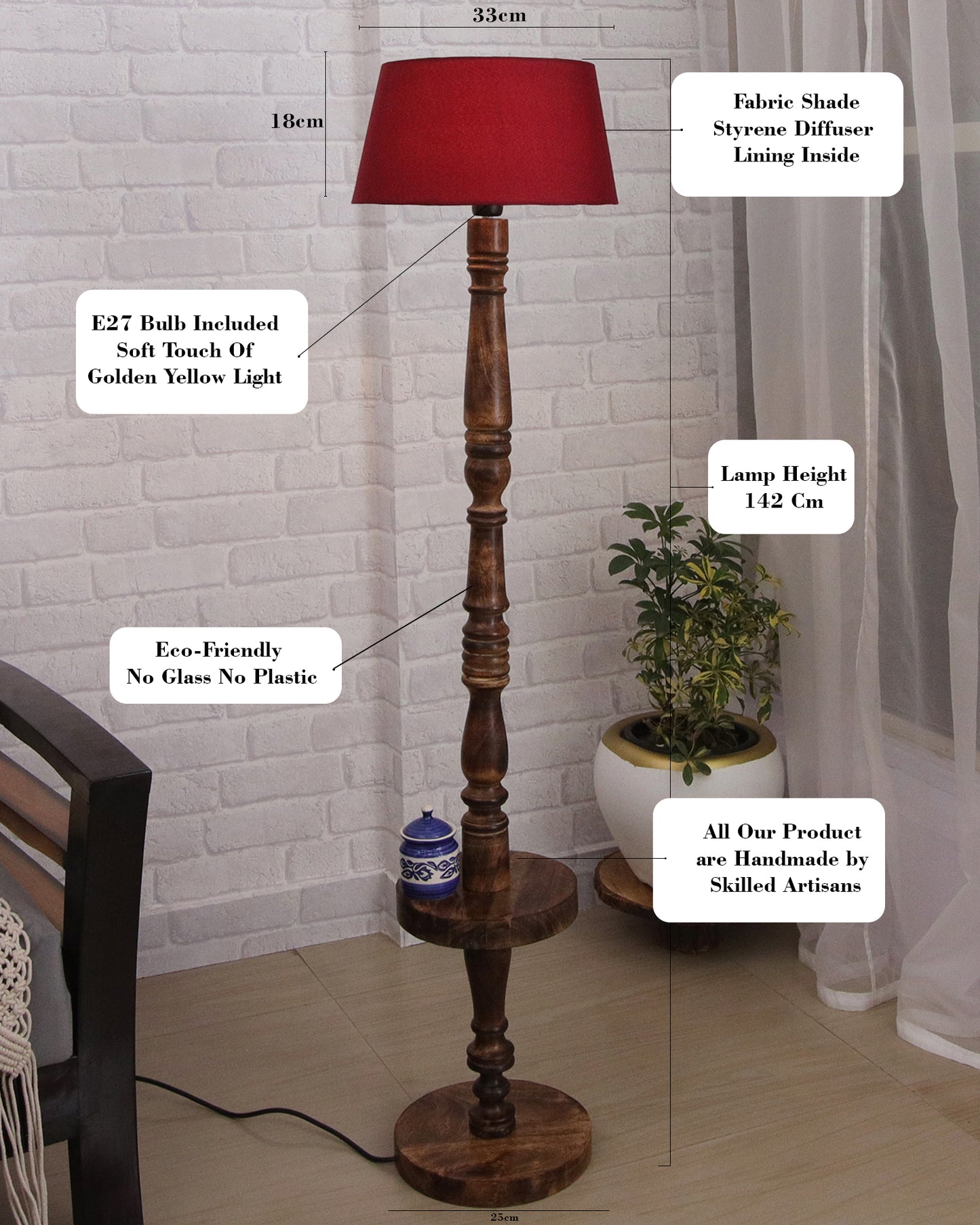 Classic Round Mabel Black Finish Wooden Floor Lamp with Khadi Shade