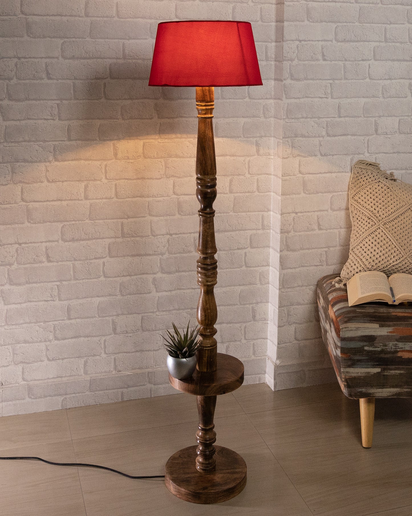Classic Round Mabel Black Finish Wooden Floor Lamp with Khadi Shade
