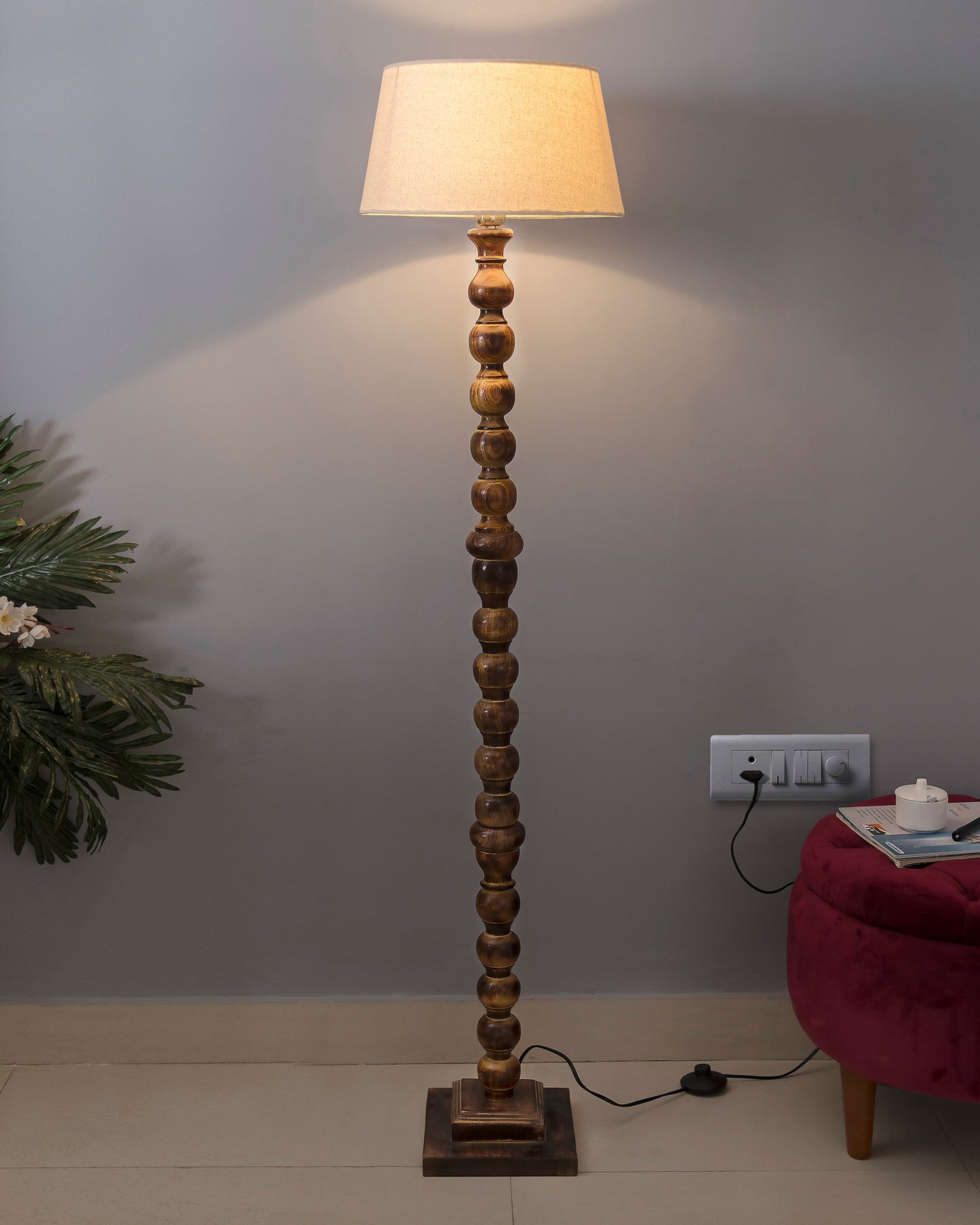 Classic Round Mabel Black Finish Wooden Floor Lamp with Khadi Shade