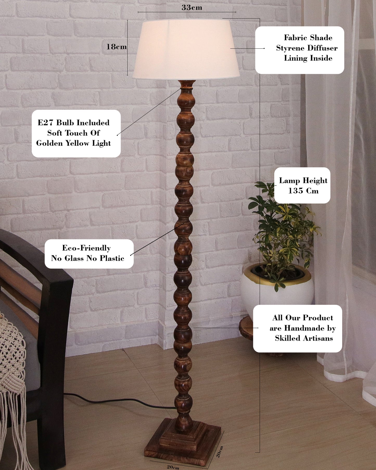 Classic Round Mabel Black Finish Wooden Floor Lamp with Khadi Shade