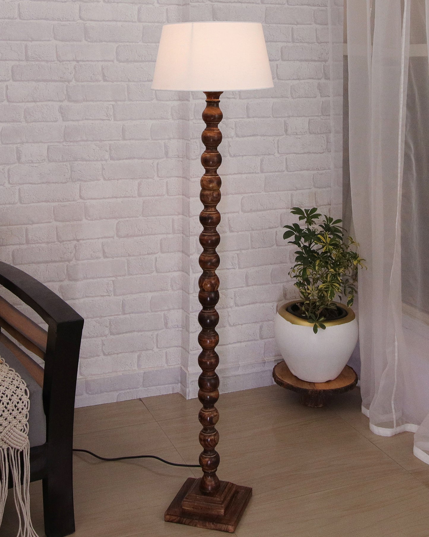 Classic Round Mabel Black Finish Wooden Floor Lamp with Khadi Shade