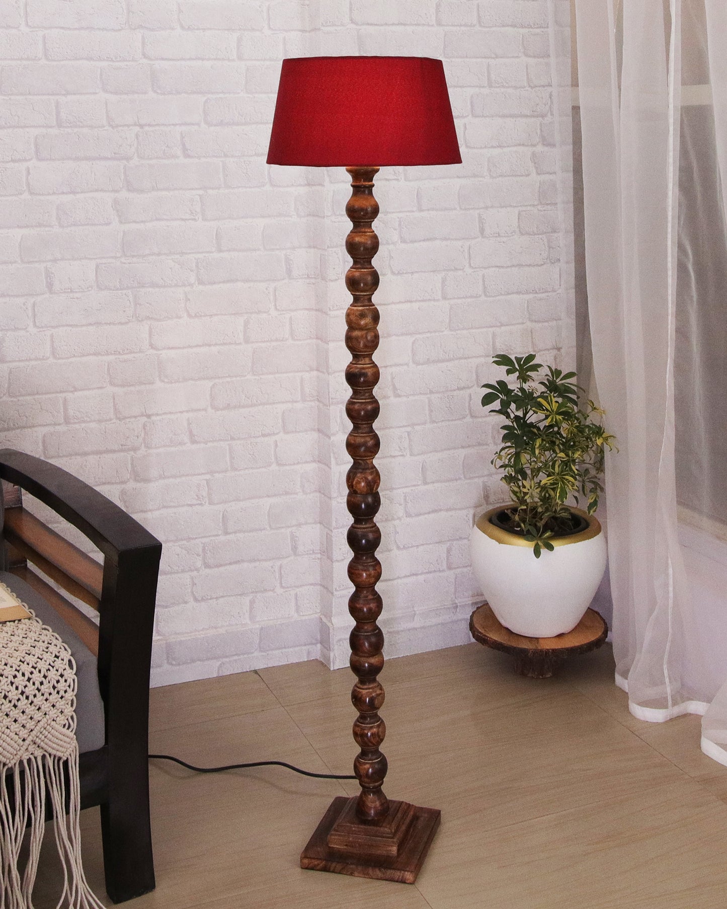 Classic Round Mabel Black Finish Wooden Floor Lamp with Khadi Shade
