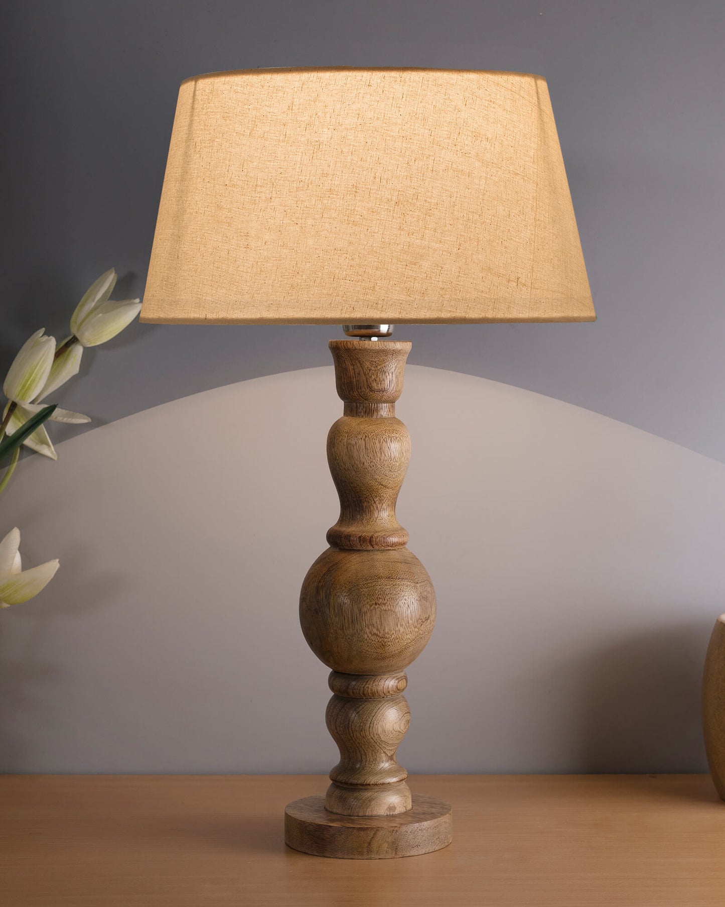 Hand Turned Wood Bubble Bedside Table Lamp, Drum Shade
