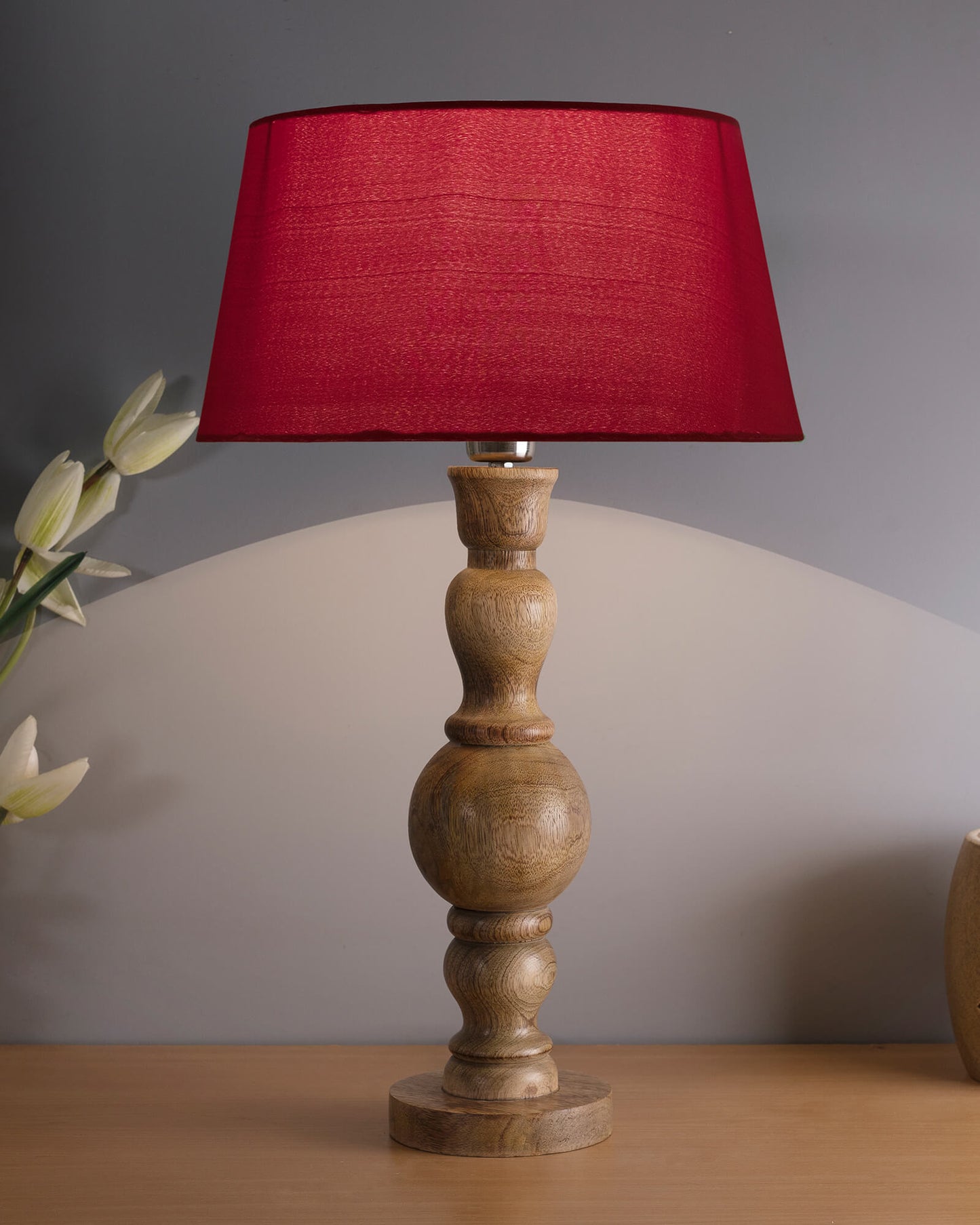 Hand Turned Wood Bubble Bedside Table Lamp, Drum Shade
