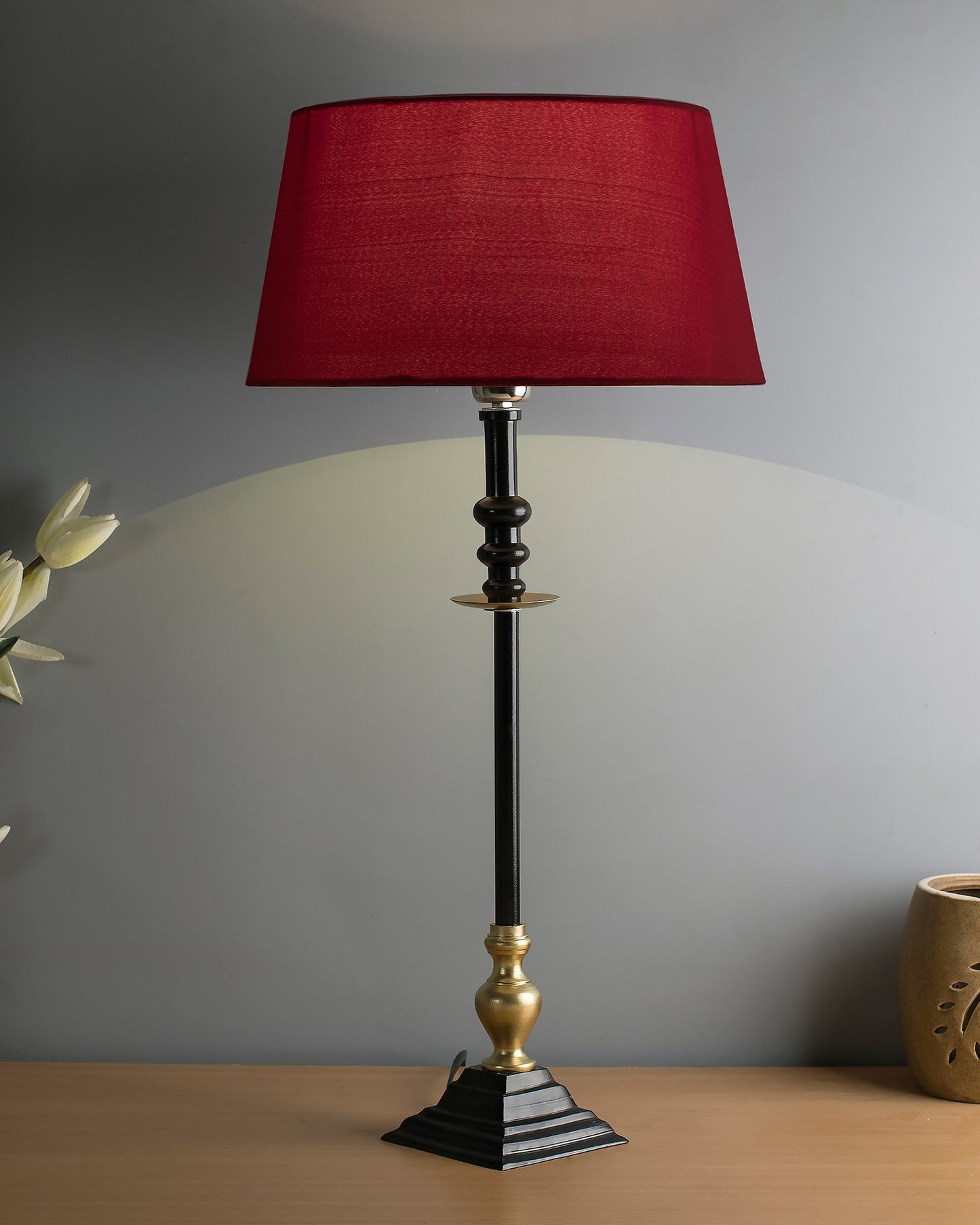 Classic Imperial Black Golden Riveria Table Lamp, Drum Shade