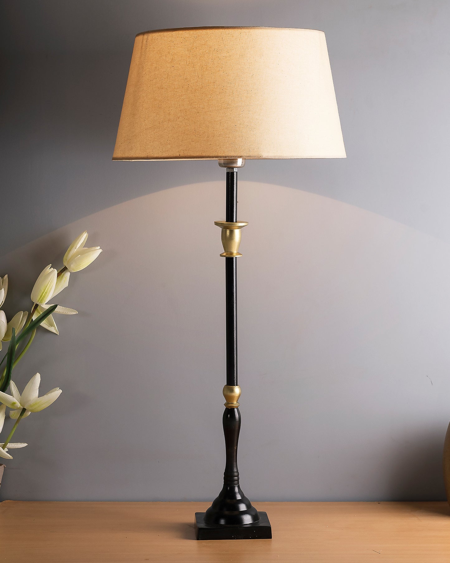 Classic Imperial Black Golden Candlestick Table Lamp, Drum Shade