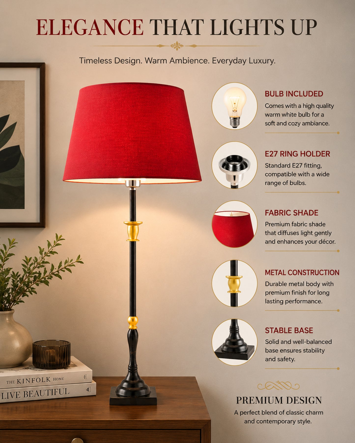 Classic Imperial Black Golden Candlestick Table Lamp, Drum Shade