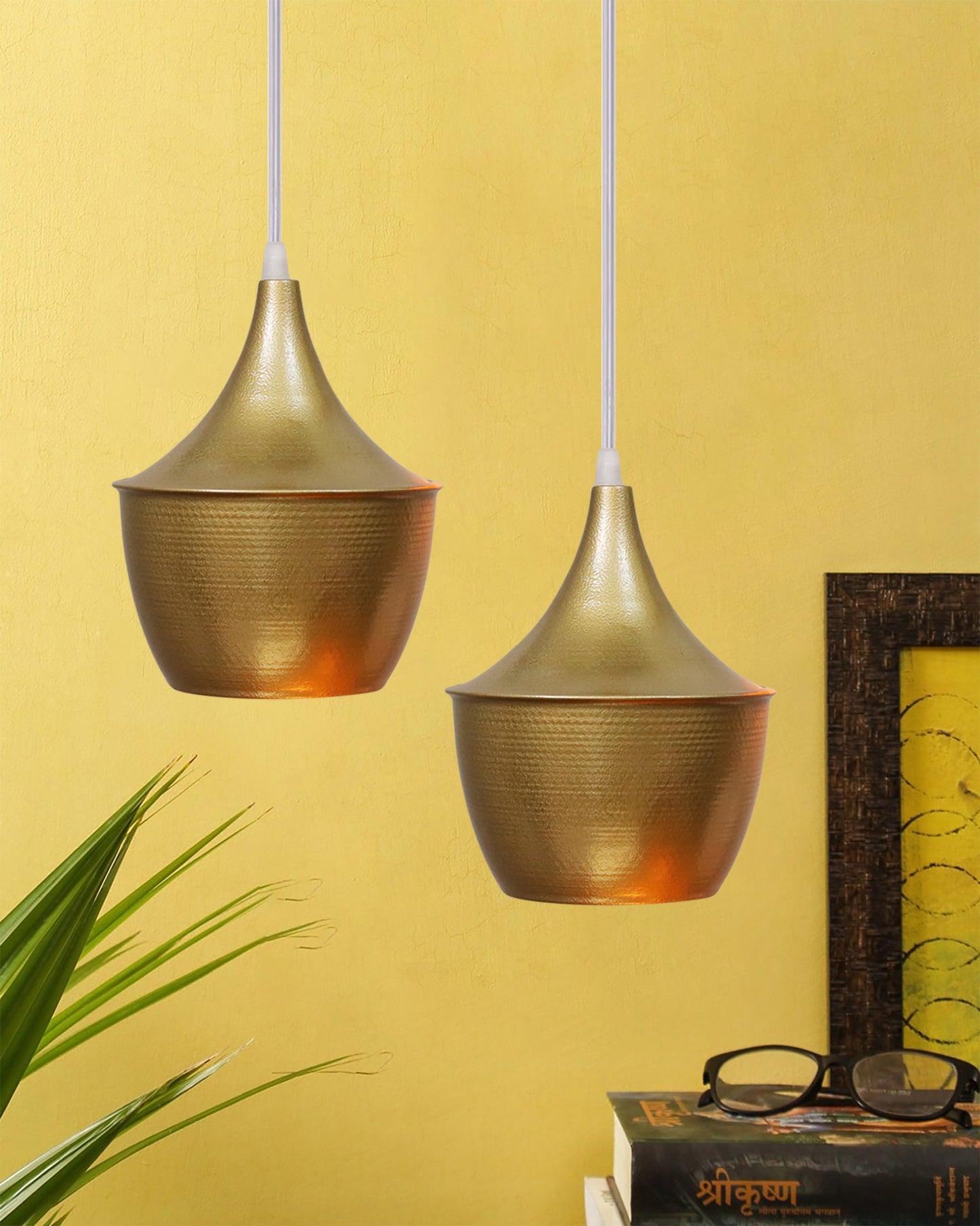 E26/E27 Single Head Metal Cone Shade Pendant Vintage Hanging Ceiling Light, Golden Set of 2