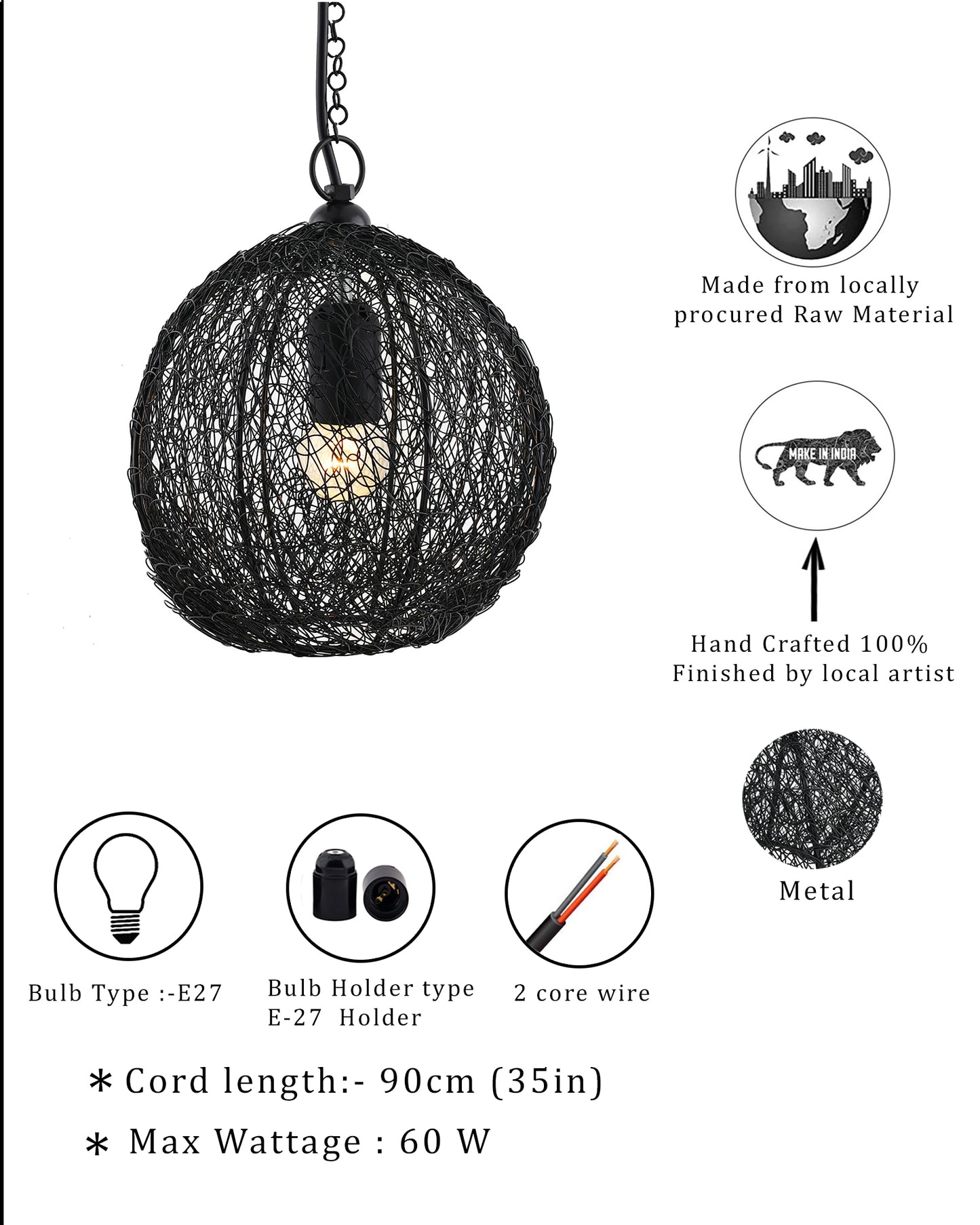 Classic Twisted Wire Round Hanging Pendant Light, Black Hanging Fixture Lamp