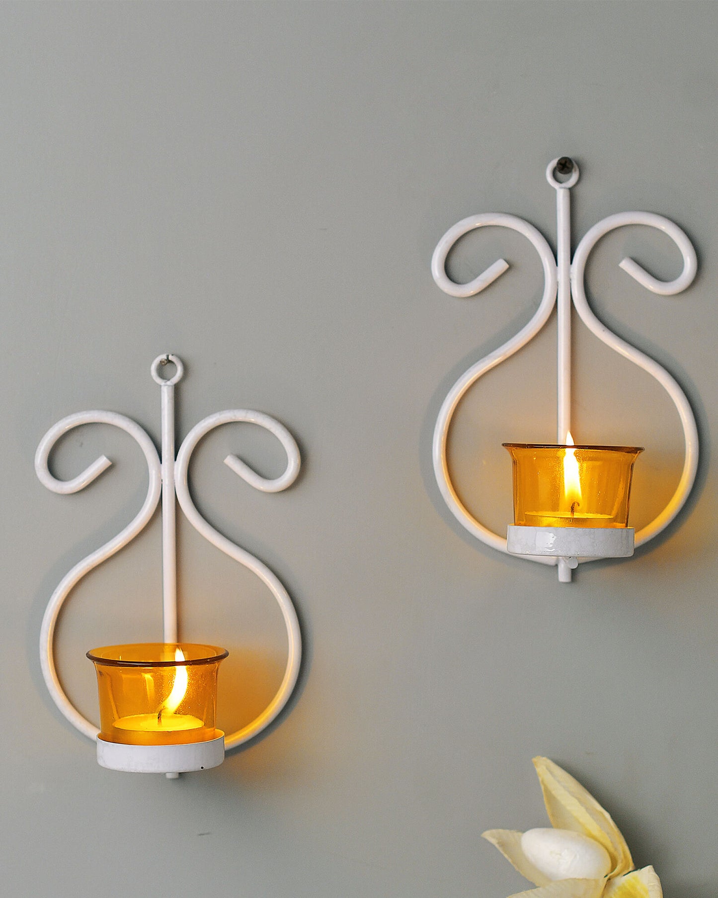 Set of 2 Decorative White Wall Sconce/Candle Holder With Red Glass and Free T-light Candles