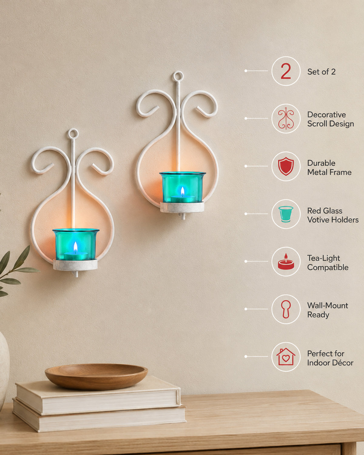 Set of 2 Decorative White Wall Sconce/Candle Holder With Red Glass and Free T-light Candles